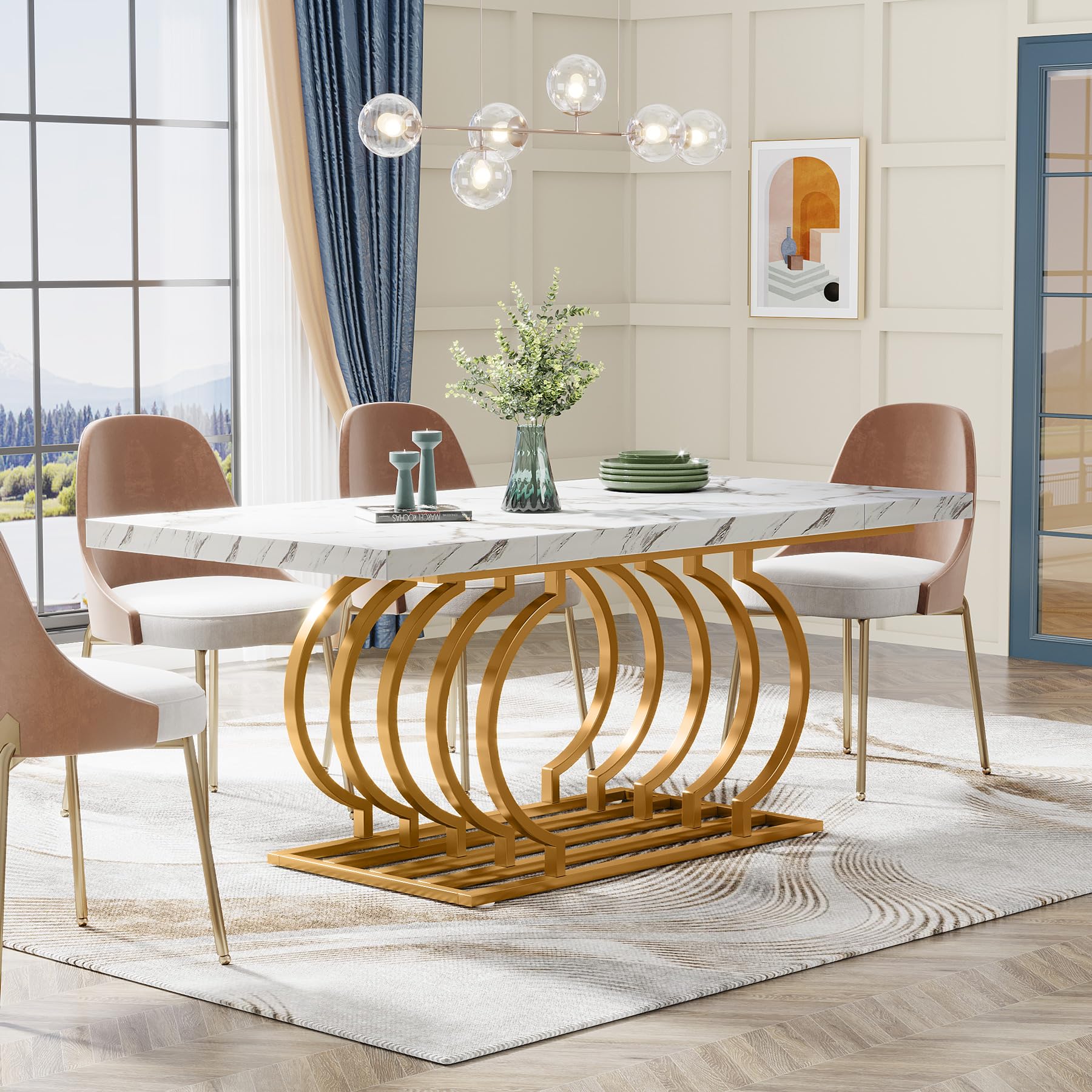 Modern Dining Table, 160cm Faux Marble Wood Kitchen Table for 6 People, Rectangular Dinner Room Table with Geometric Frame for Kitchen, Dining Room, White Gold