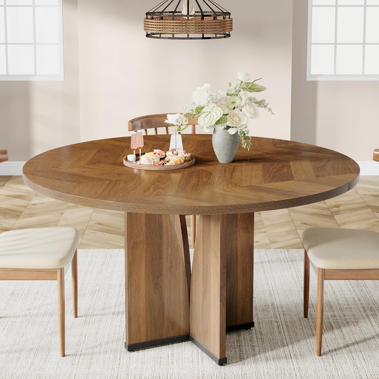 Round Dining Table, 102cm Wood Kitchen Table for 4 People, Farmhouse Dinner Table with Wooden Table Top and Legs, Rustic Brown Dining Table for Dining Room Living Room (Without Chair)