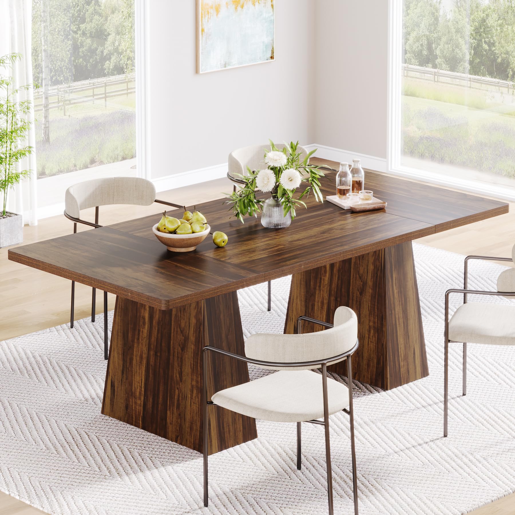 Dining Table for 6, Farmhouse Rectangular Table Kitchen Table with Double Pedestal, Wood Dinner Table Kitchen & Dining Room Furniture, 160cm Rustic Brown