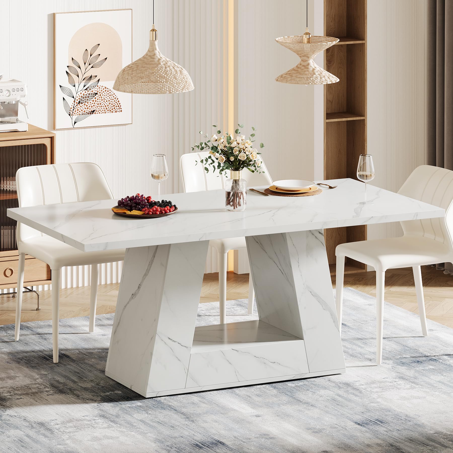 Dining Table for 4 to 6 People, 160cm Rectangular Dining Room Table, Modern Wooden Faux Marble Dinner Table with Sturdy Base for Kitchen, Living Room