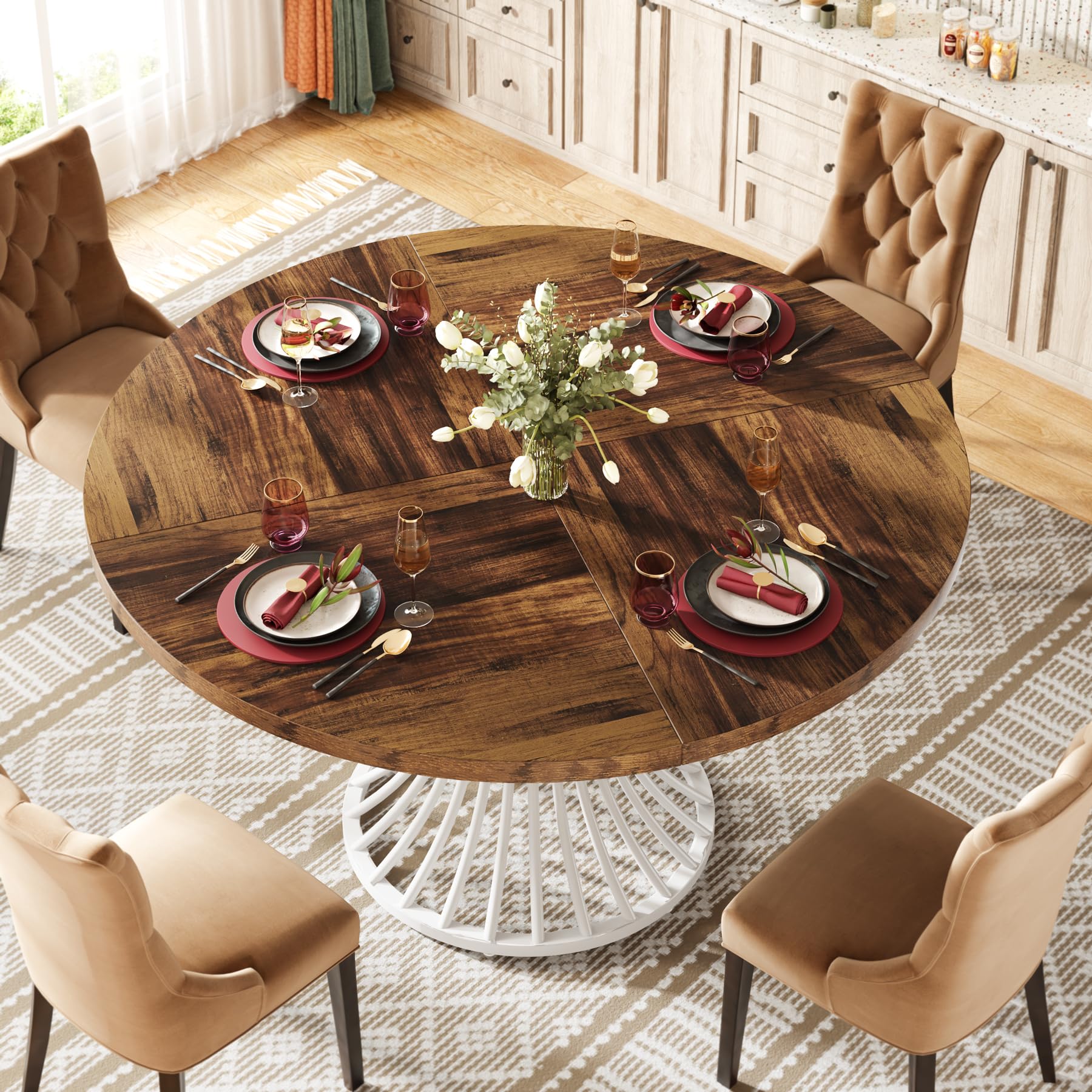 Round Dining Table for 4-6 People, 119cm Farmhouse Dinning Room Table Circle Kitchen Table, Industrial Dinner Table with Metal Base for Kitchen, Living Room, Rustic Brown