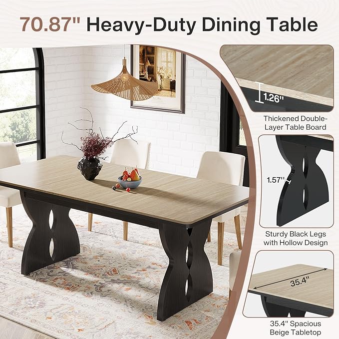 180cm Long Dining Table for 6 to 8 People, Modern Wood Dining Room Table with Large Tabletop, Farmhouse Rectangle Kitchen Tablee with Heavy Duty Pedestal for Dining Room, Beige and Black