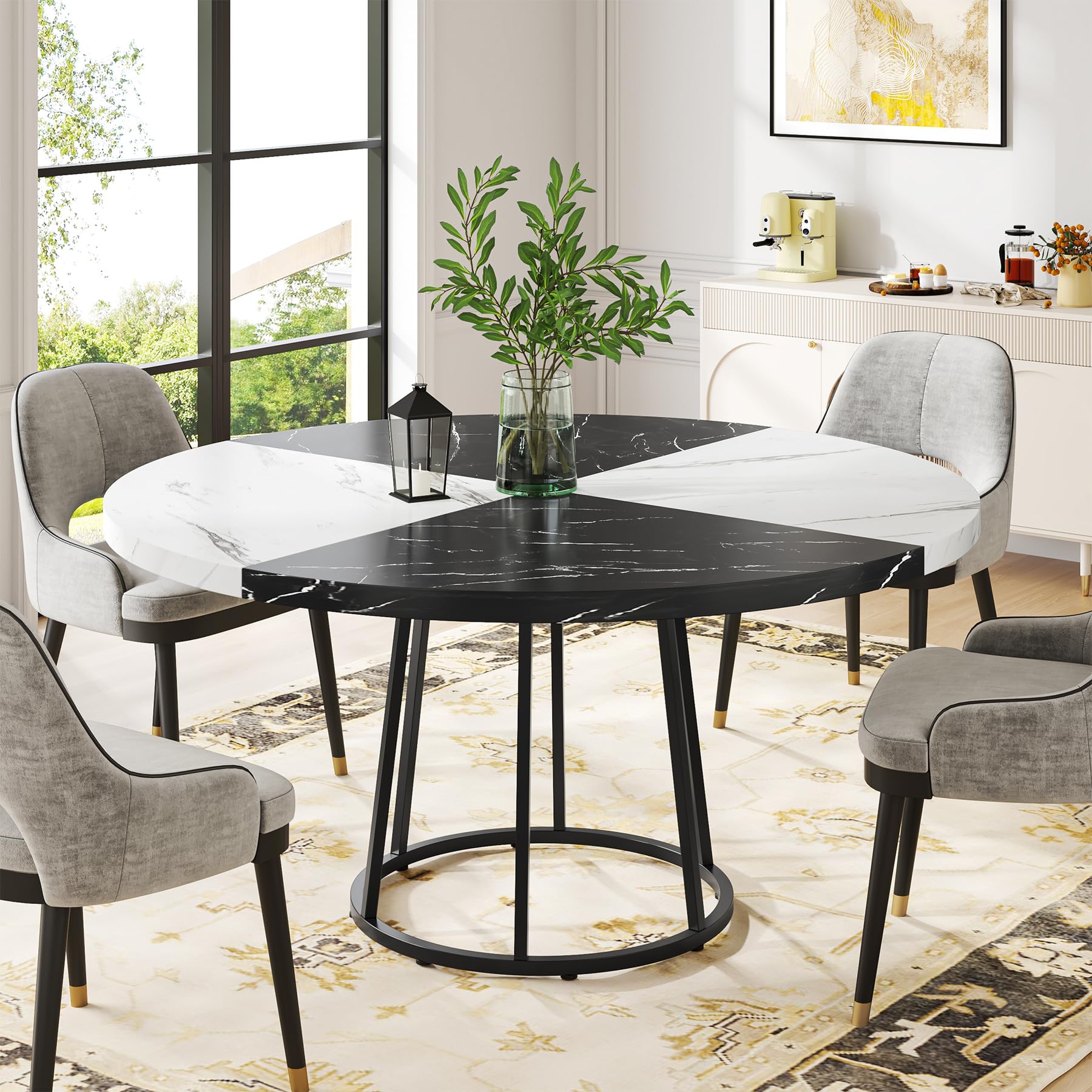 120cm Dining Table for Dining Room, 4 People Round Dinner Tables with Faux Marble Top Heavy Duty Metal Circle Pedestal for Living Room Kitchen, Black White(Only Table)