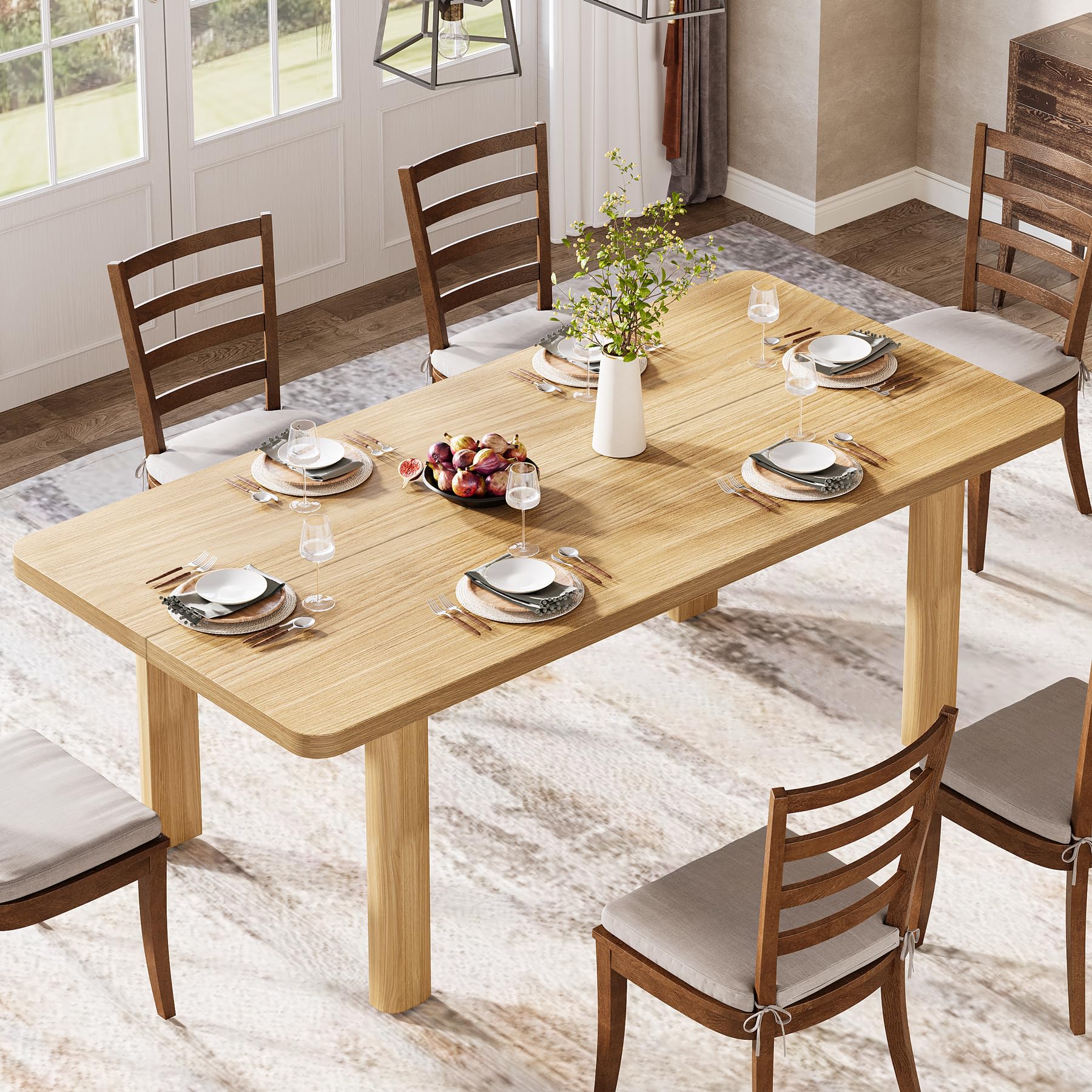 Wood Dining Table for 4-6 People, 158cm Farmhouse Kitchen Table with Solid Wood Legs, Rectangular Dinner Table for Dining Room, Kitchen, Living Room