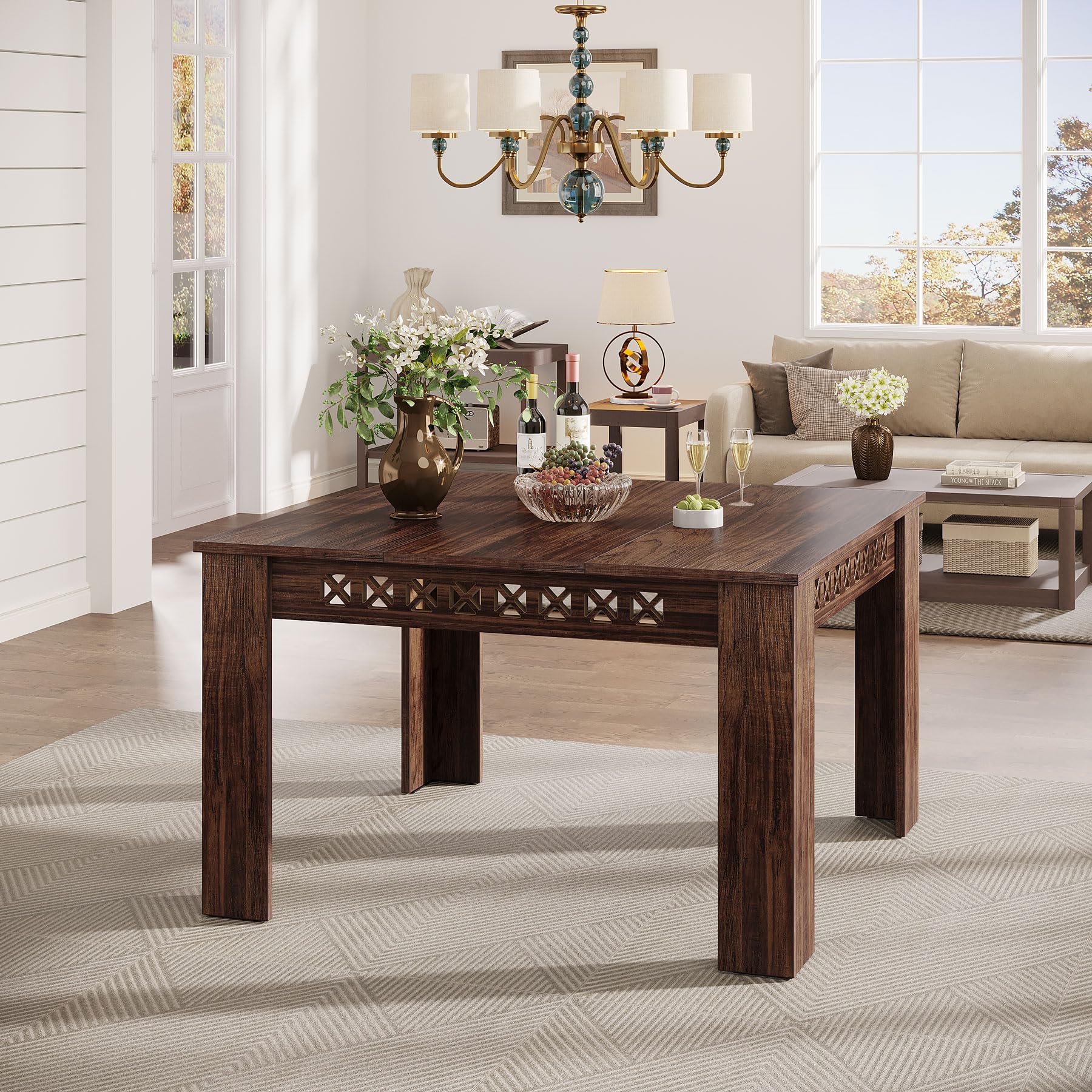 110cm Square Dining Table for 4, 2-4 Person Farmhouse Wood Dining Room Table (Rustic Brown, Heavy Duty Legs)