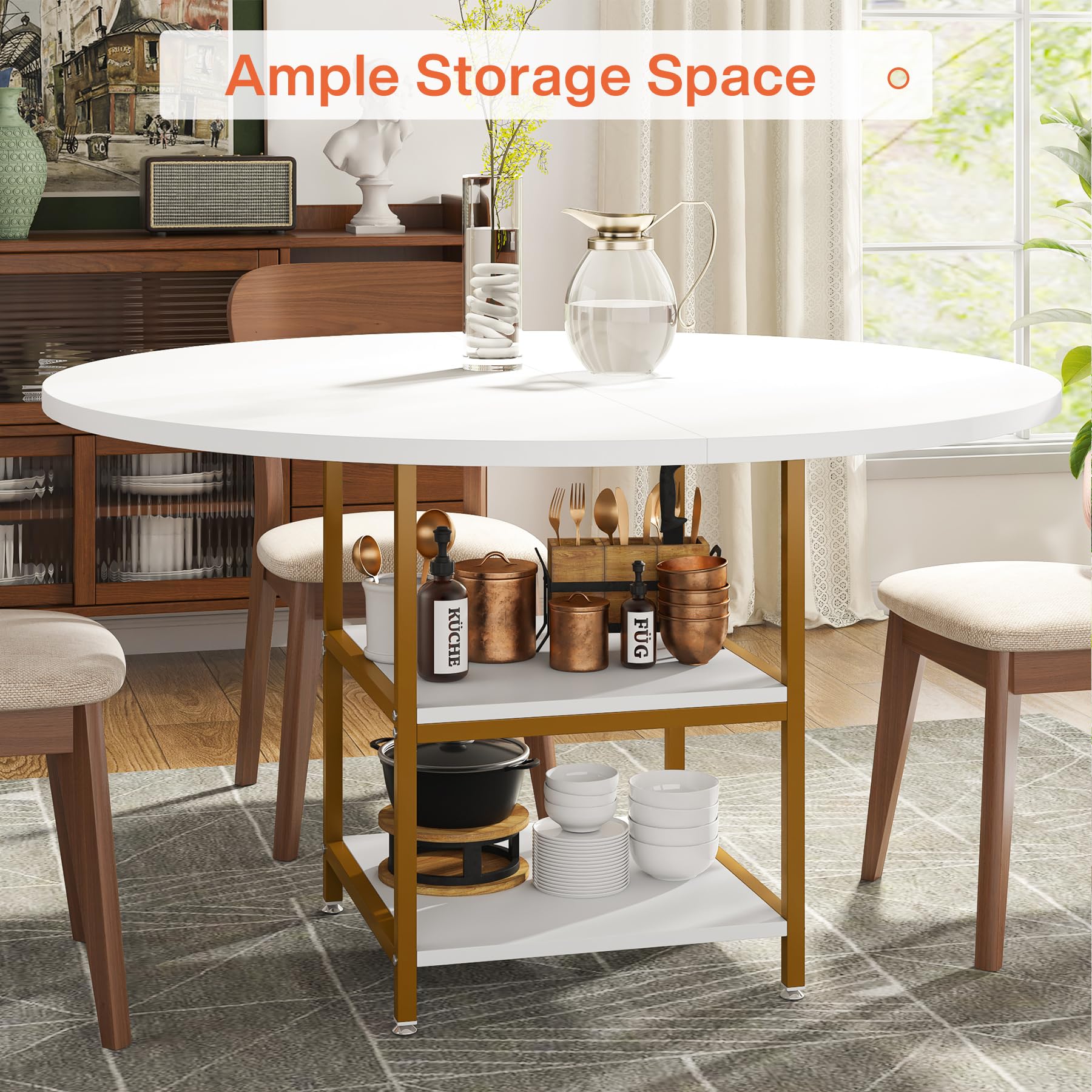 120cm Round Dining Table for 4 People, Golden Kitchen Tables Dinner Table with 2-Tier Storage Shelves for Dining Room Living Room, White Gold(Only Table)