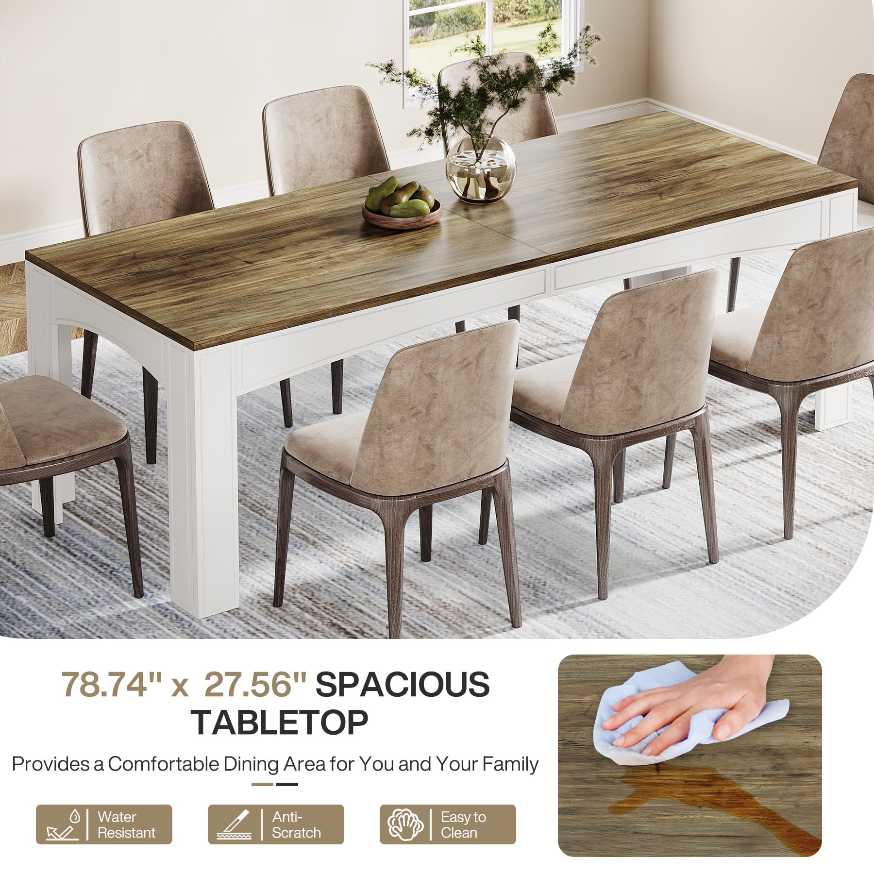 200cm-Inch Dining Table for 6-8 People, Large Farmhouse Kitchen Table with Heavy-Duty Legs, Rectangular Wood Dinner Table for Dining Room, Apartment, and Small Spaces (Brown & White)