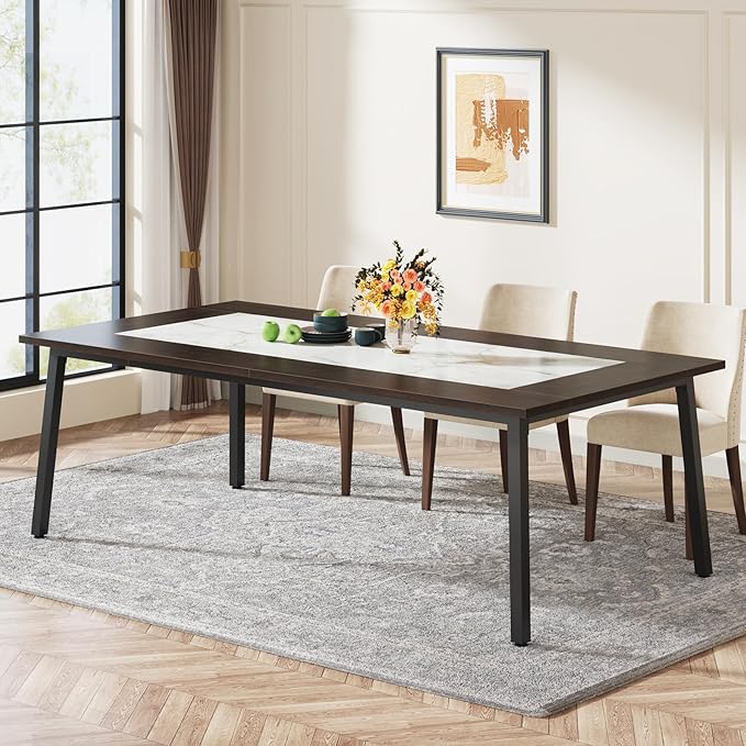 200cm-Dining Table for 8-10 People, Modern Large Kitchen Table Dining Room Table for Living Room, Kitchen, Rectangular Dinner Table with Metal Frame, Dark Brown and White