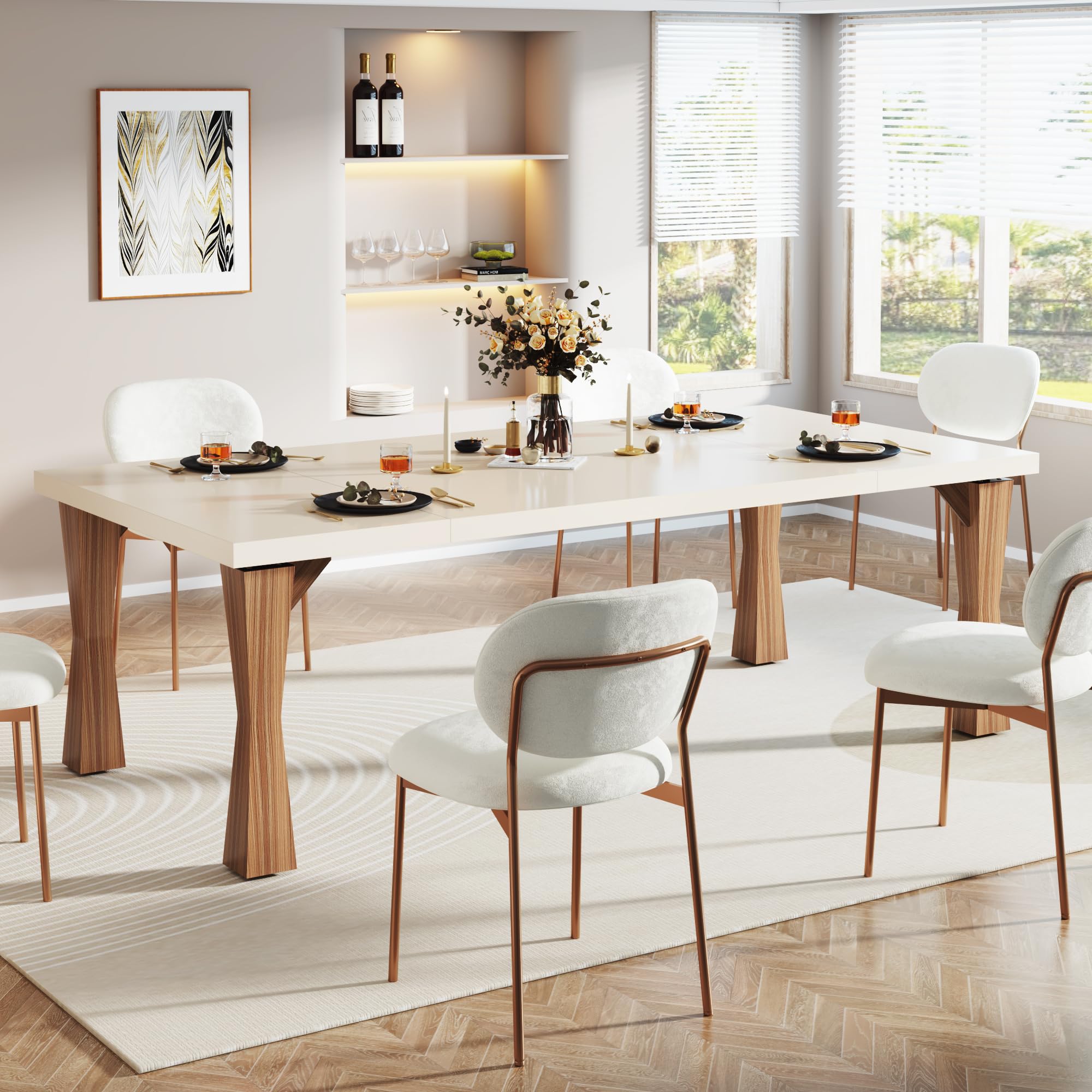 Modern Dining Table for 6-8 People, 180cm Large Kitchen Table with Sturdy Legs, Rectangle Dinner Table Kitchen & Dining Room Furniture, Light Cream White