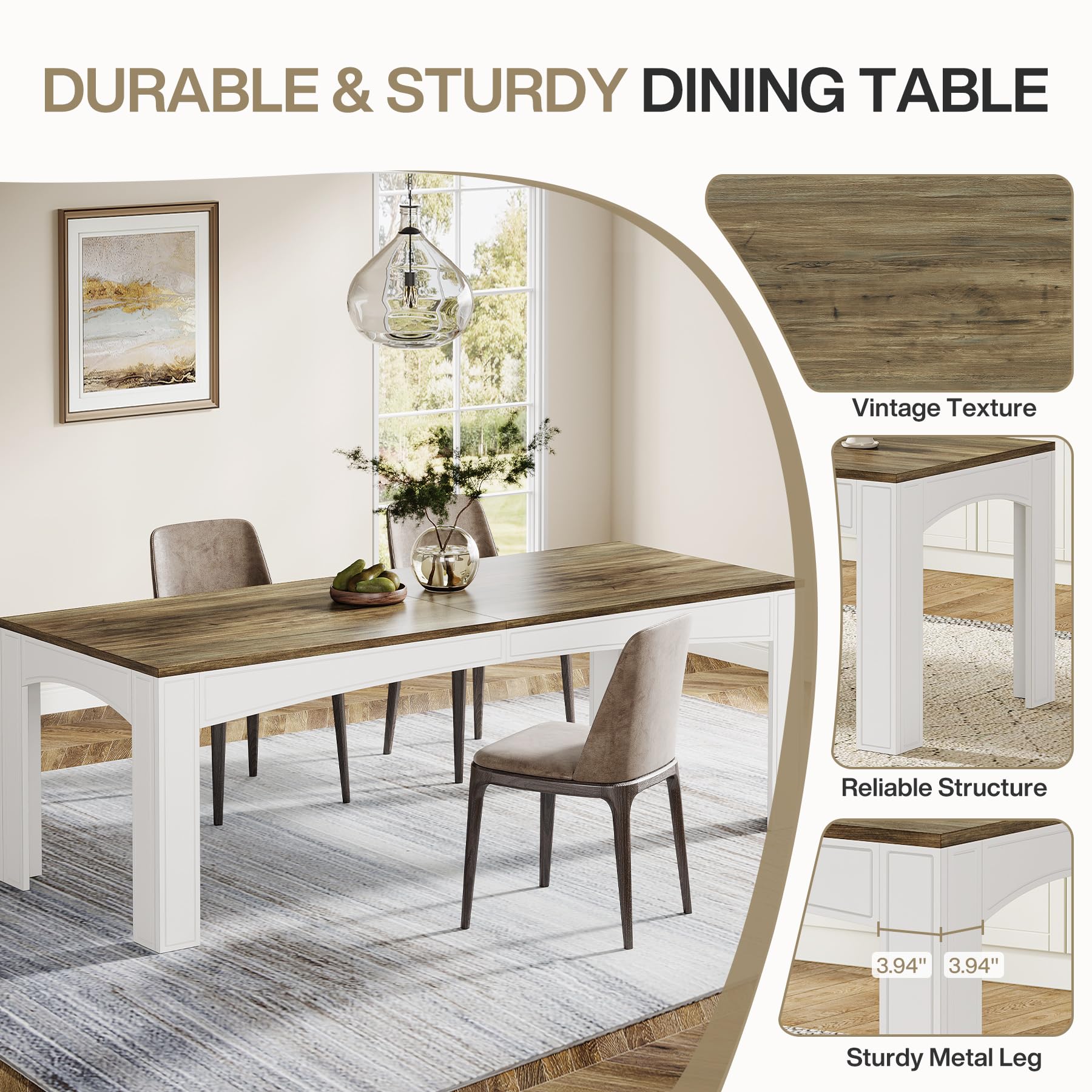 200cm-Inch Dining Table for 6-8 People, Large Farmhouse Kitchen Table with Heavy-Duty Legs, Rectangular Wood Dinner Table for Dining Room, Apartment, and Small Spaces (Brown & White)