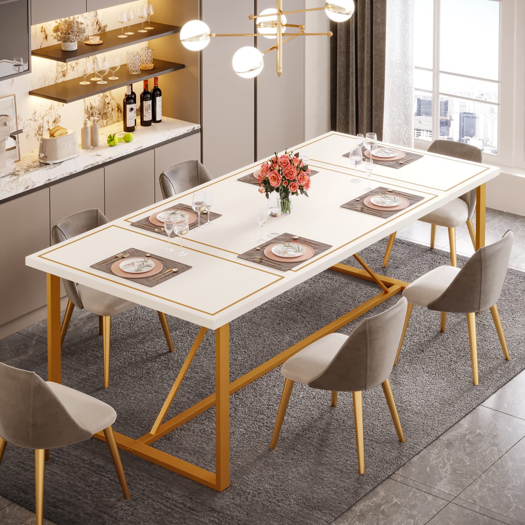 180cm Dining Table for 6 to 8, Modern Kitchen Table Dining Room Table, Rectangle White Dinner Table with Gold Meta Base for Kitchen, Living Room