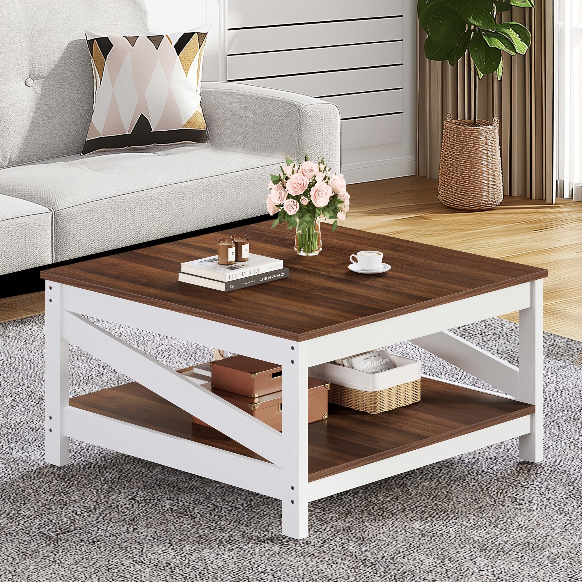 Wooden Coffee Table Storage Shelf Rectangular End Side Table