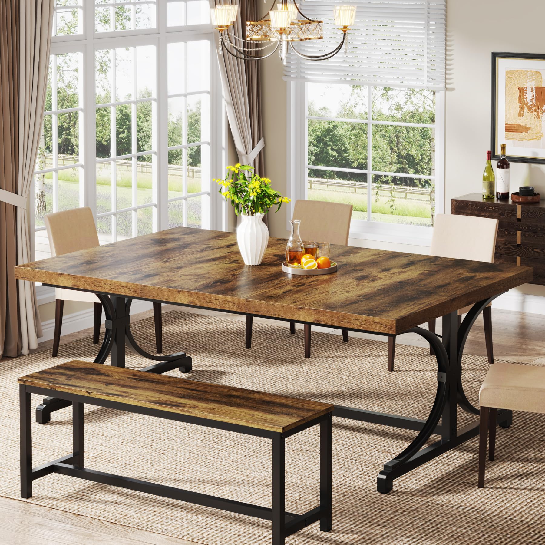 Dining Table for 4-6 People, 160cm Rectangle Kitchen Table with Heavy Duty Metal Frame, Industrial Wood Dining Table for Kitchen, Living Room (Rustic Brown & Black, Only Table)