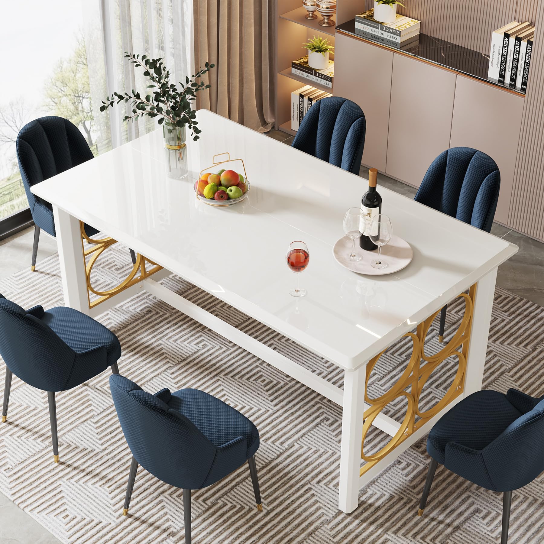 160cm Dining Table for 4-6 People, Modern Kitchen Table with Gold Metal & Glossy Surface, Rectangular Dinner Table for Kitchen, Dining Room, Living Room, White & Gold