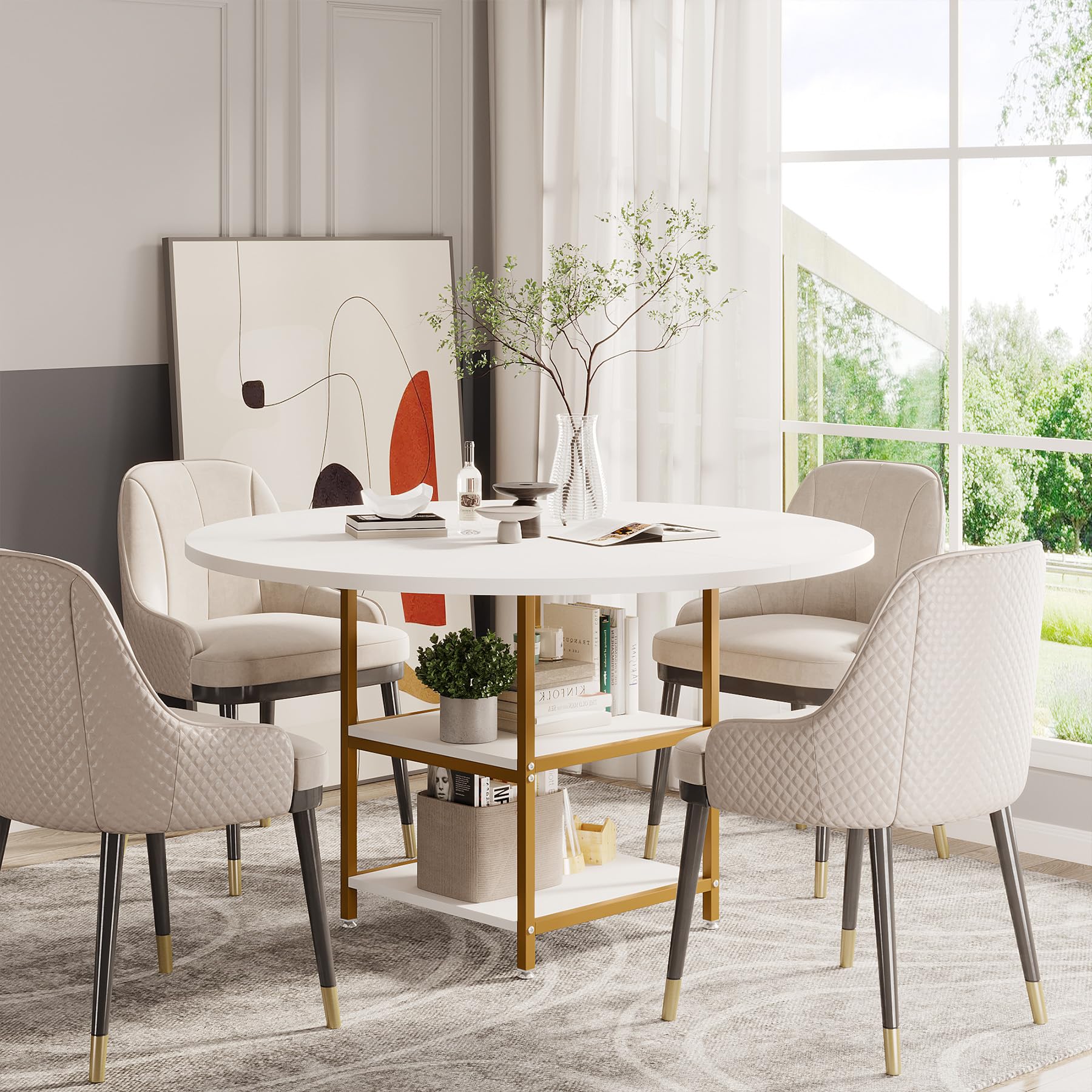 120cm Round Dining Table for 4 People, Golden Kitchen Tables Dinner Table with 2-Tier Storage Shelves for Dining Room Living Room, White Gold(Only Table)