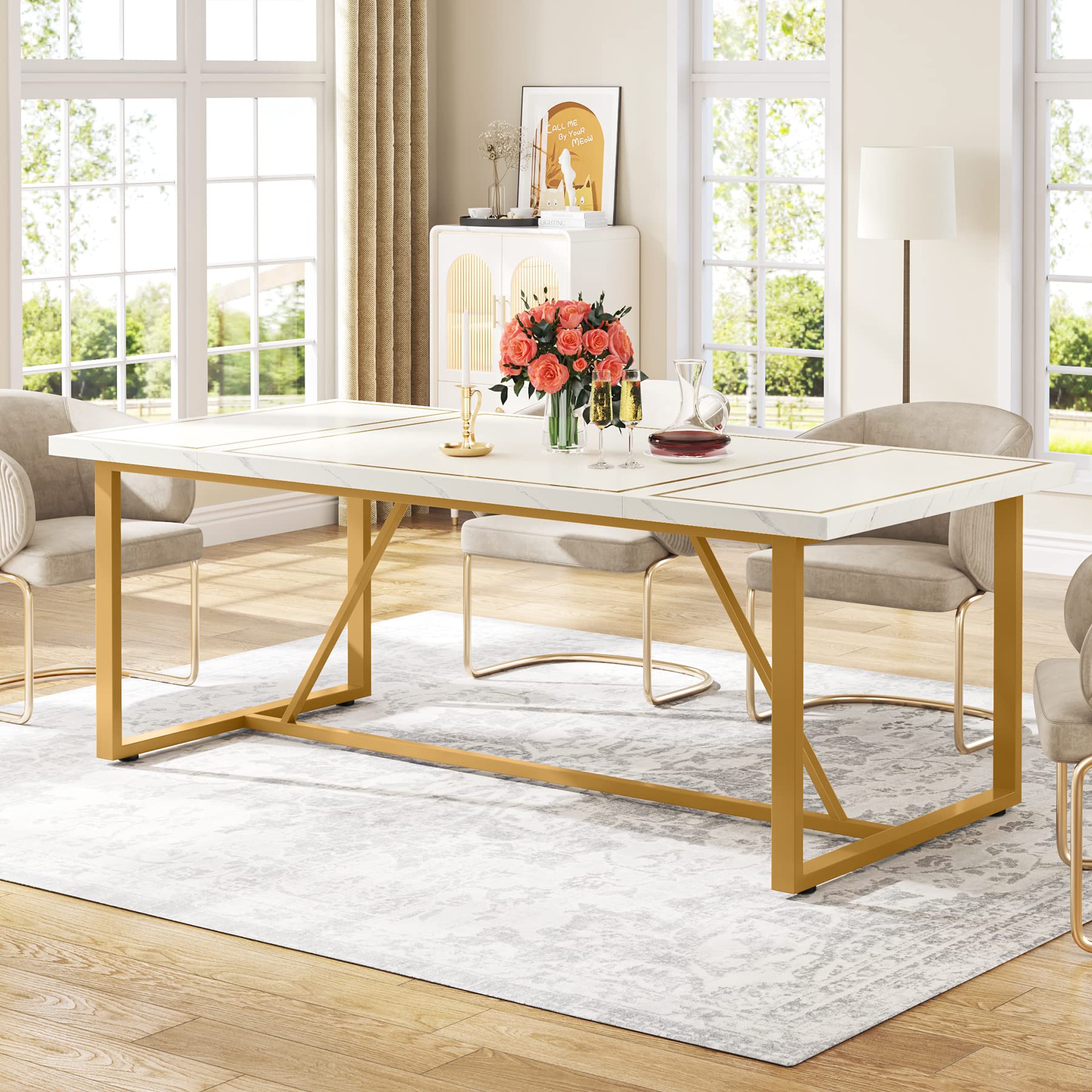 180cm Dining Table for 6 to 8, Modern Kitchen Table Dining Room Table, Rectangle White Dinner Table with Gold Meta Base for Kitchen, Living Room