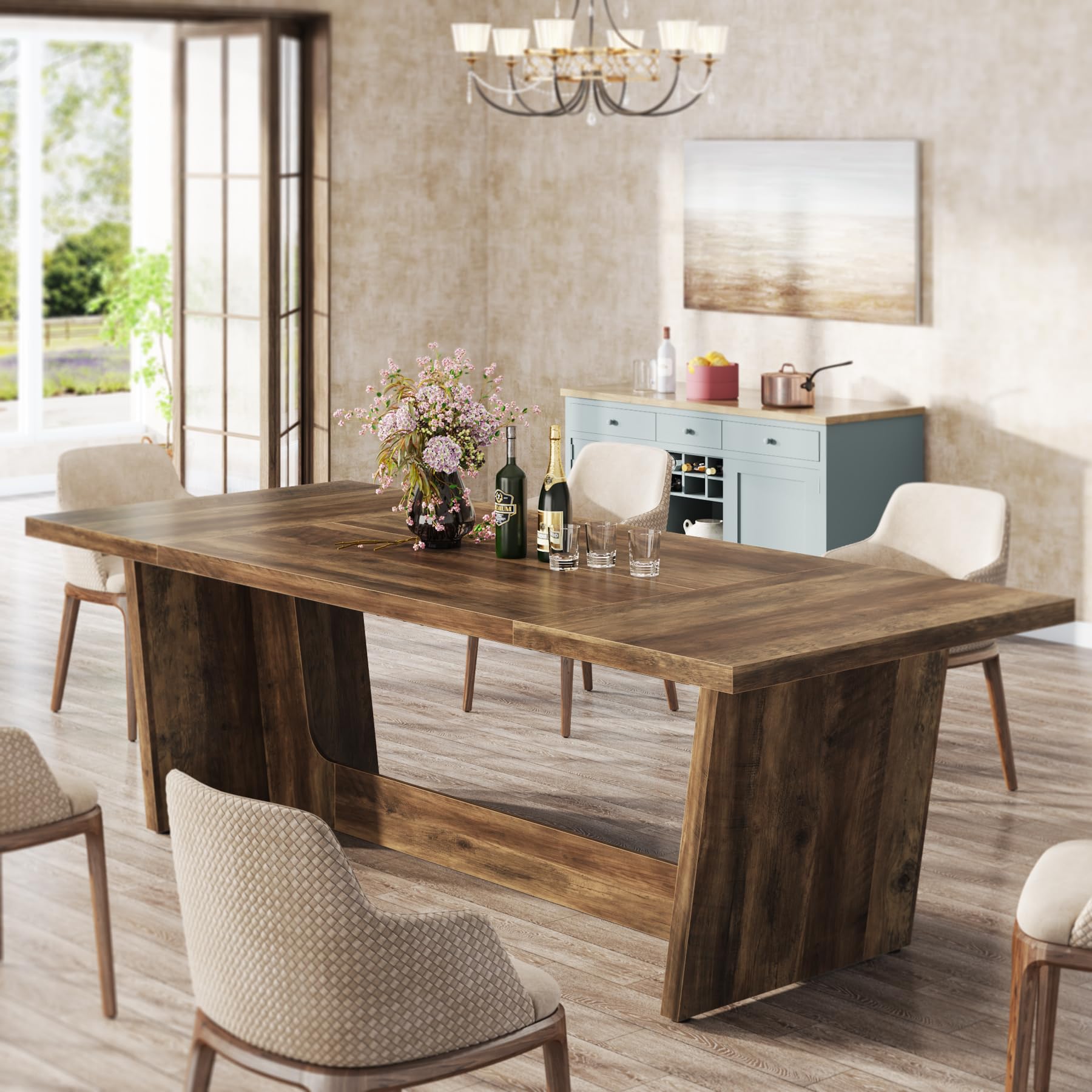 180cm Dining Room Table: Wood Large Dining Table for 6-8 People, Rectangular Farmhouse Kitchen Table with Solid Pedestal, Rustic Long Dinner Table for Big Family