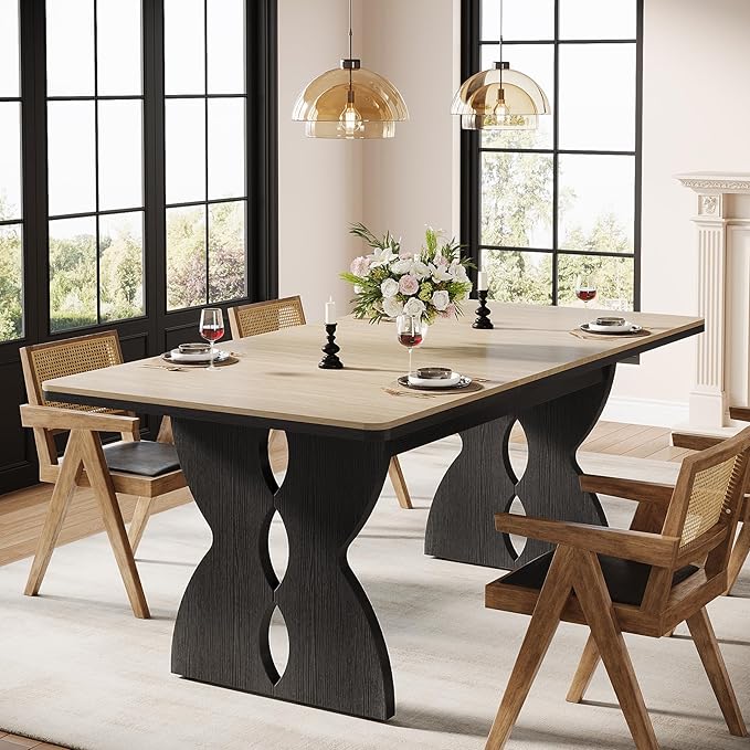 180cm Long Dining Table for 6 to 8 People, Modern Wood Dining Room Table with Large Tabletop, Farmhouse Rectangle Kitchen Tablee with Heavy Duty Pedestal for Dining Room, Beige and Black