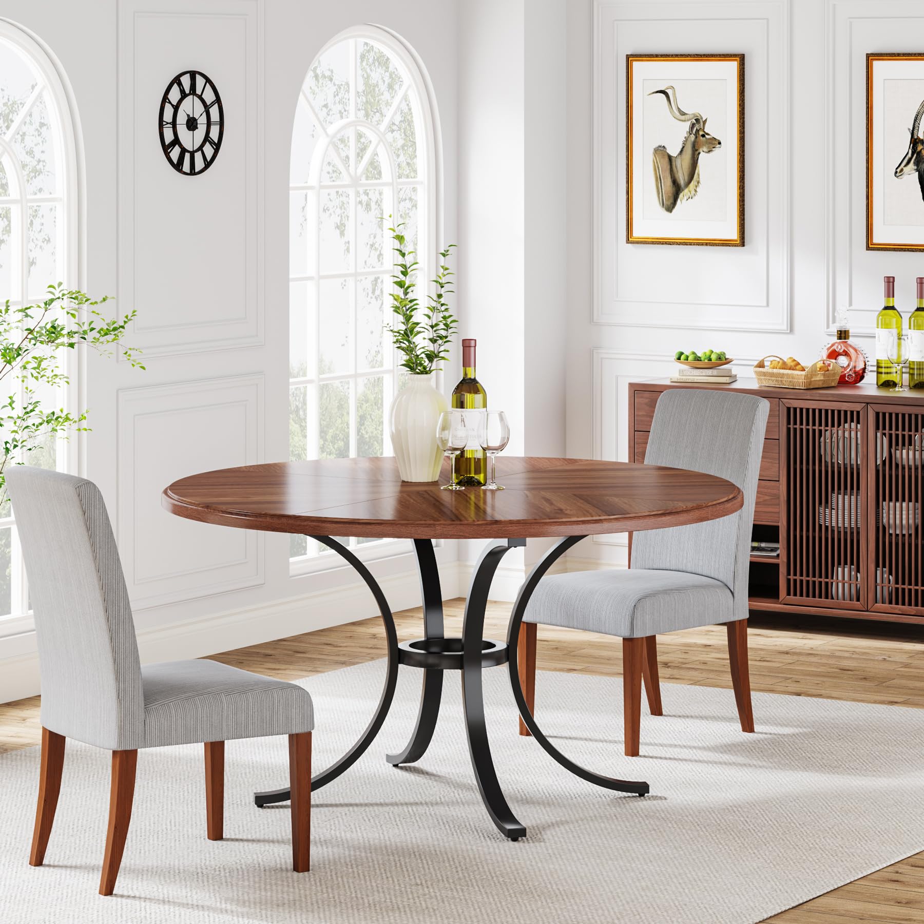 120cm Round Dining Table for 4-6 People, Farmhouse Kitchen Table with Wooden Texture Surface & Pedestal, Round Table for Dining Room, Living Room, Brown (Only Table)