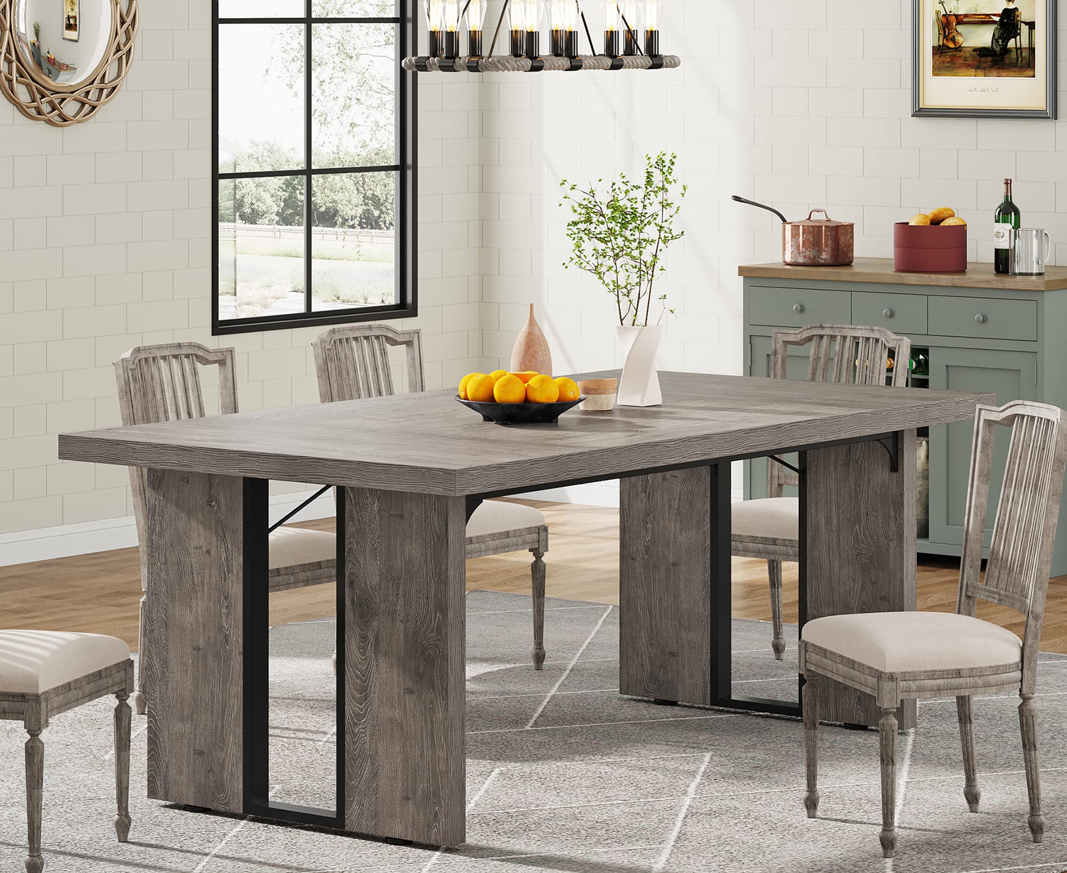 180cm Large Dining Table for 6 to 8 People, Rustic Farmhouse Style Dinner Table, Rectangular Dining Table for Kitchen, Dining Room & Living Room