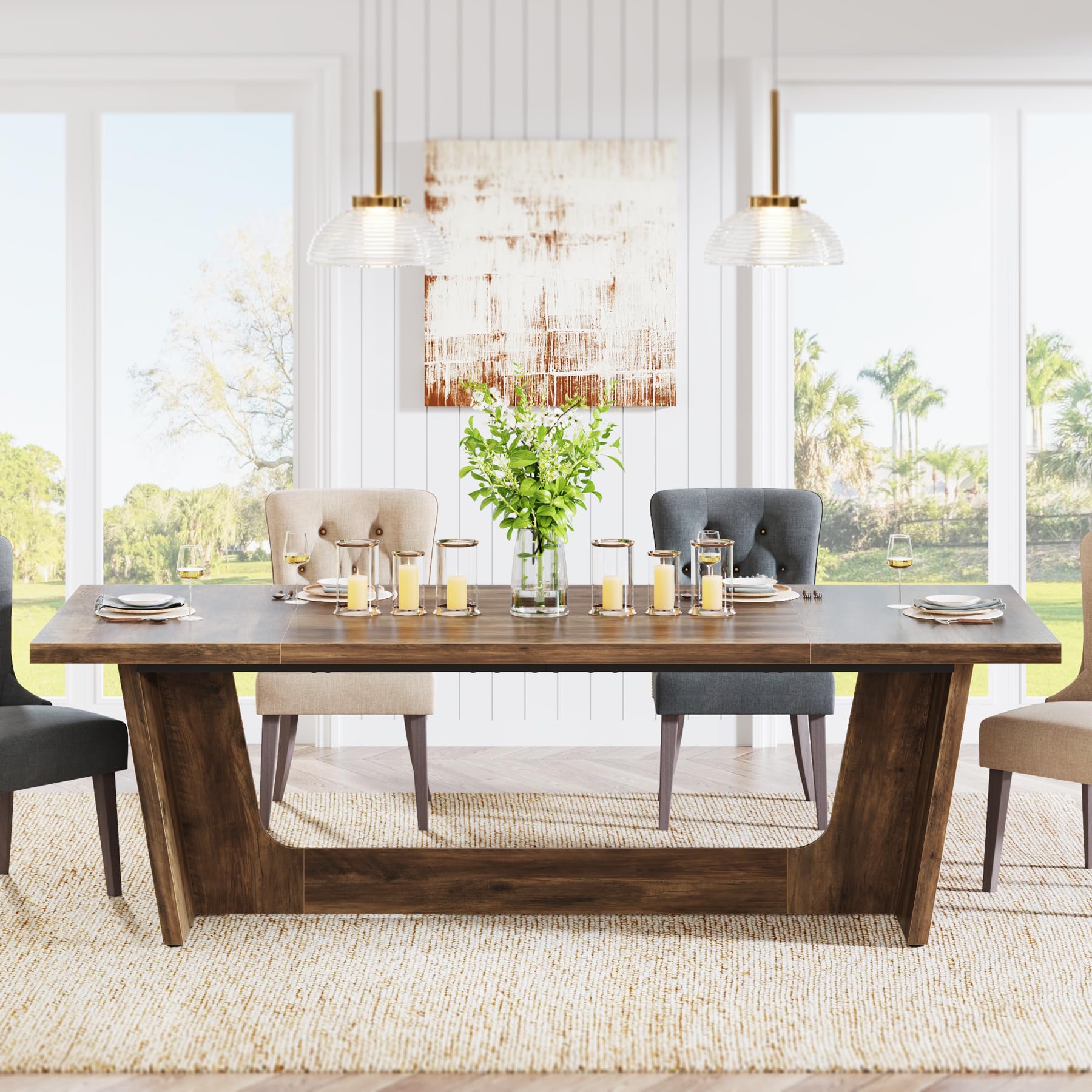 180cm Dining Room Table: Wood Large Dining Table for 6-8 People, Rectangular Farmhouse Kitchen Table with Solid Pedestal, Rustic Long Dinner Table for Big Family