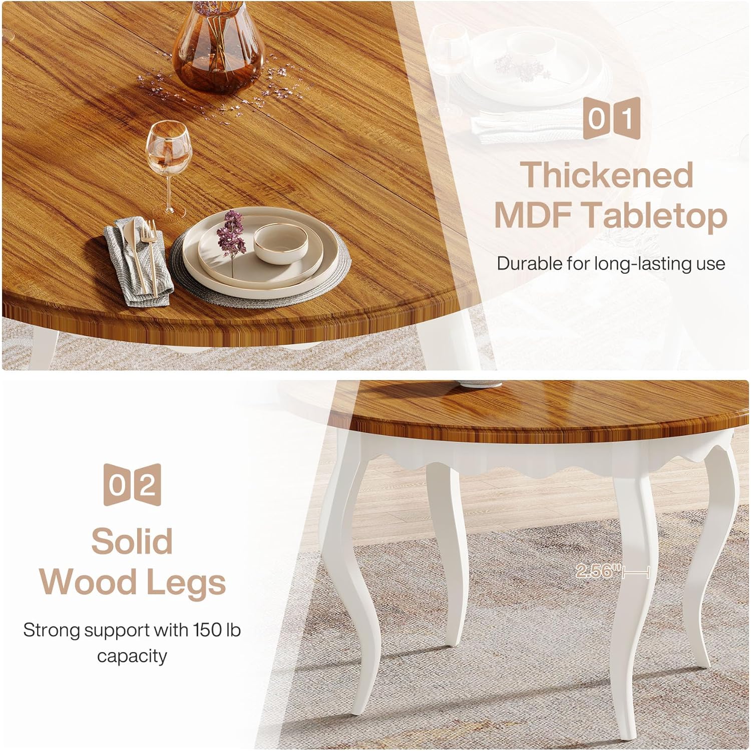 Round Dining Table for 4, 119cm Farmhouse Kitchen Dinner Table, Wood Circle Dining Room Table with Solid Wood Legs for Kitchen, Living Room, Brown and White (Only Table)