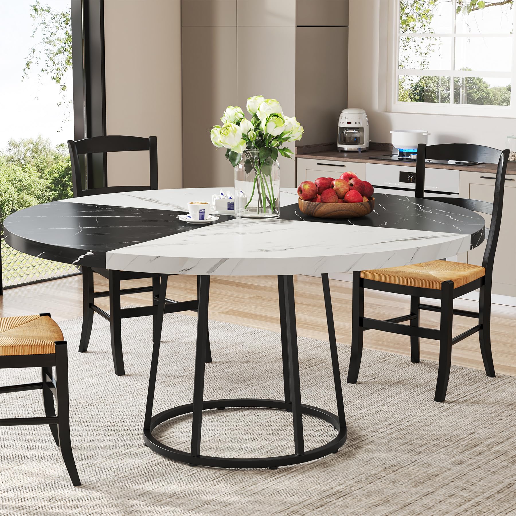 120cm Dining Table for Dining Room, 4 People Round Dinner Tables with Faux Marble Top Heavy Duty Metal Circle Pedestal for Living Room Kitchen, Black White(Only Table)