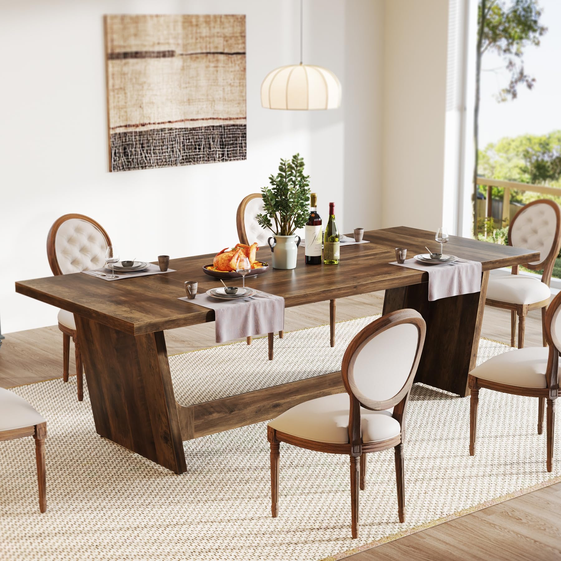 180cm Dining Room Table: Wood Large Dining Table for 6-8 People, Rectangular Farmhouse Kitchen Table with Solid Pedestal, Rustic Long Dinner Table for Big Family