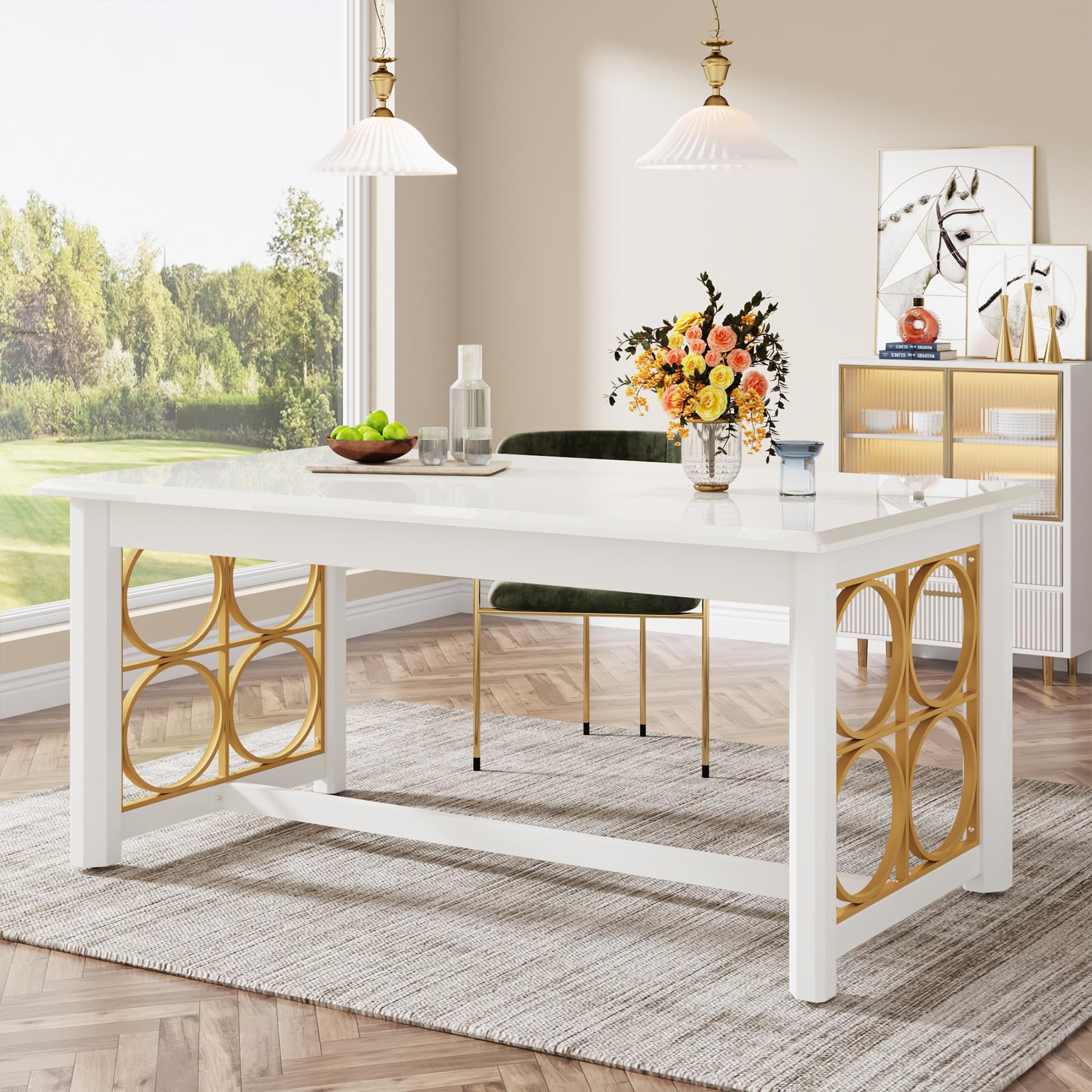 160cm Dining Table for 4-6 People, Modern Kitchen Table with Gold Metal & Glossy Surface, Rectangular Dinner Table for Kitchen, Dining Room, Living Room, White & Gold