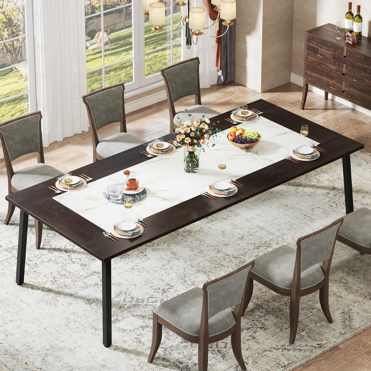 200cm-Dining Table for 8-10 People, Modern Large Kitchen Table Dining Room Table for Living Room, Kitchen, Rectangular Dinner Table with Metal Frame, Dark Brown and White