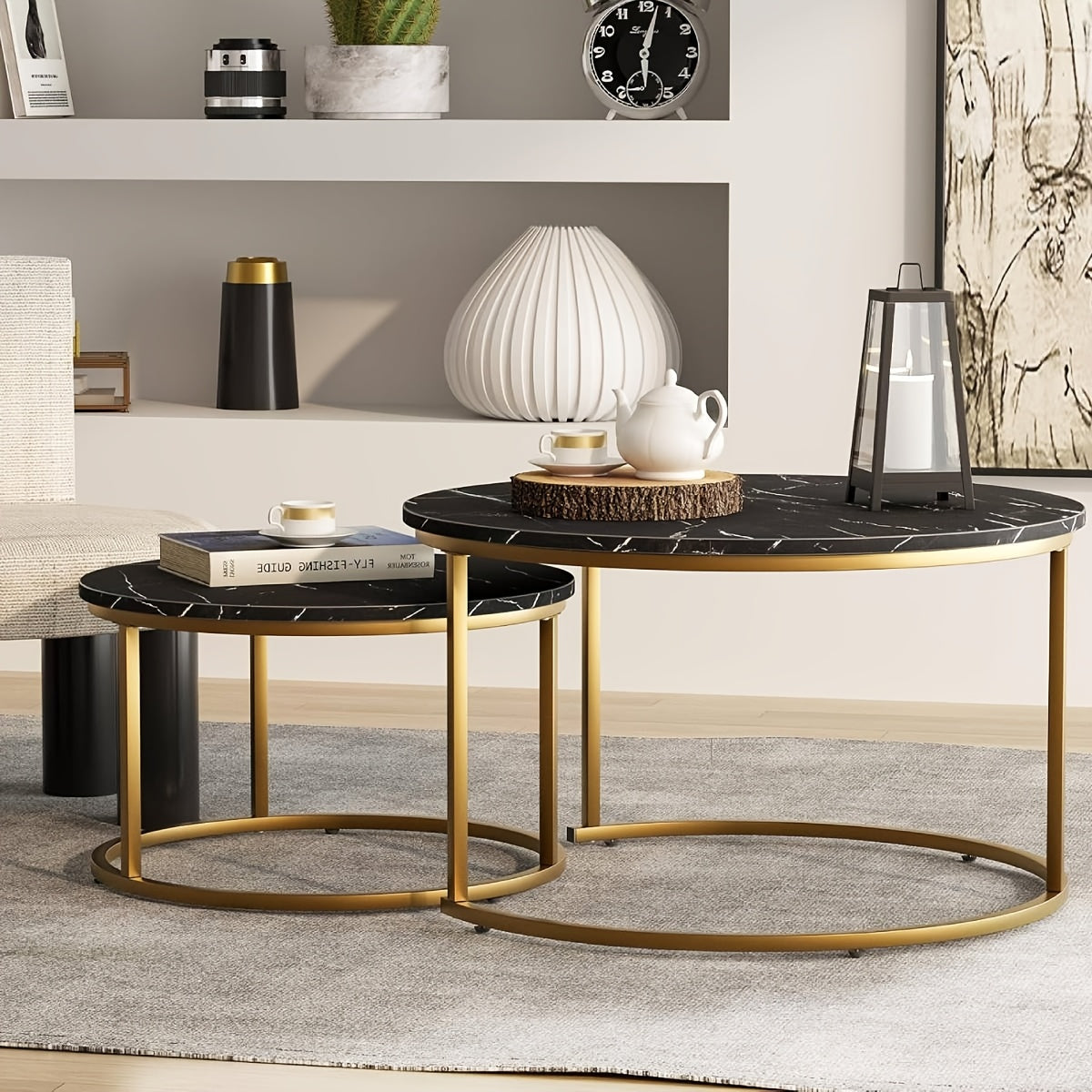 2pcs Nesting Coffee Table Set, Modern Round Coffee Tables for Living Room, Balcony, Office, Circle Table Accent End Side Table with Sturdy Golden Metal Frame, Easy Assembly