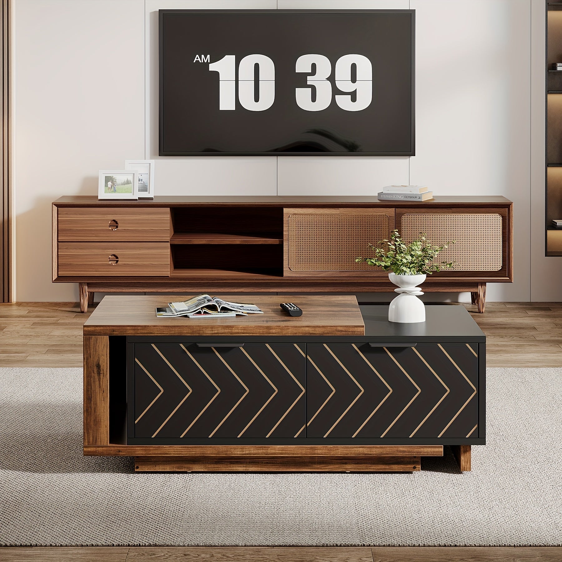 Versatile Dual-Tone Extendable Coffee Table - 42"-65" Adjustable, Reversible Wood Centerpiece with Spacious Storage Drawers for Living Room