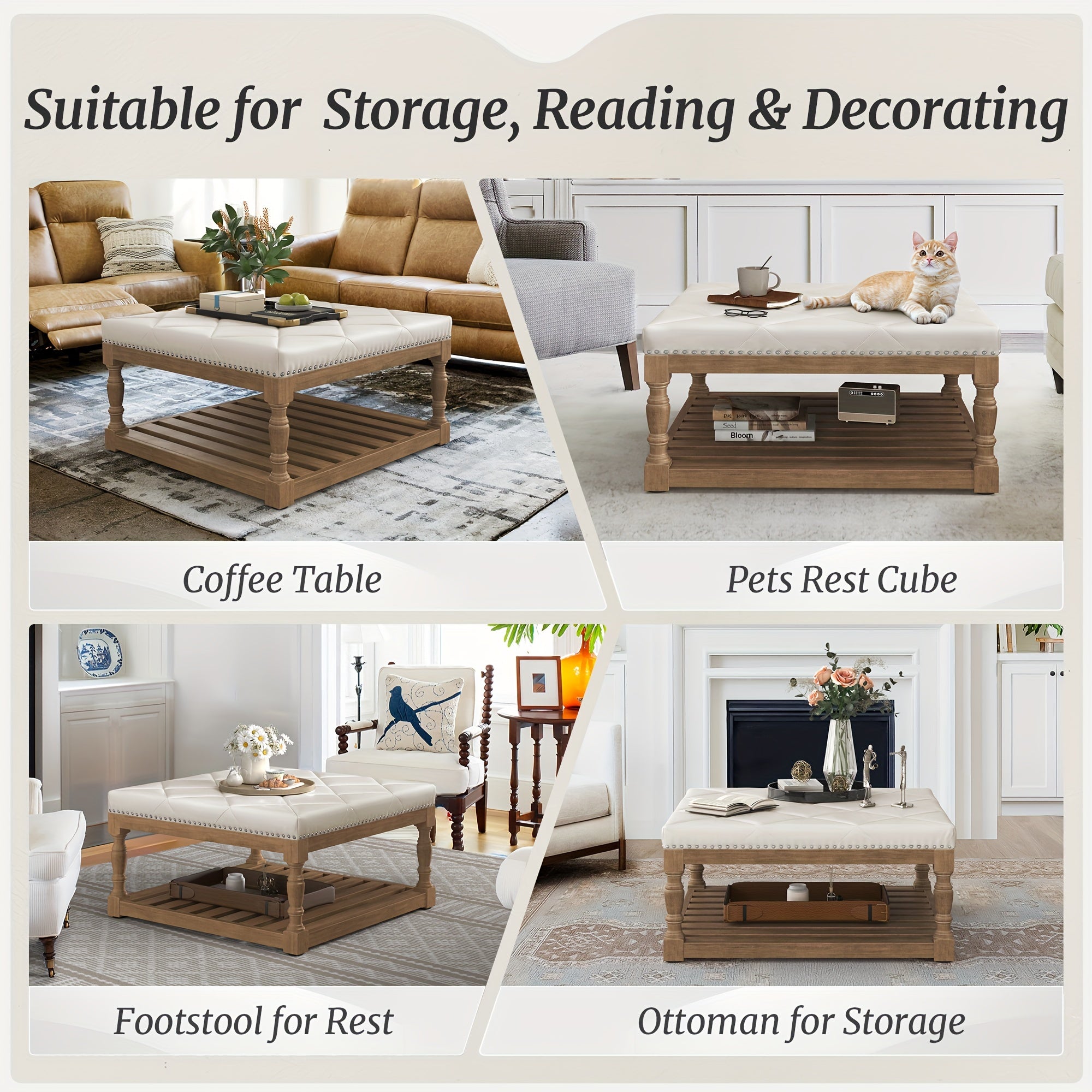 1PC Ottoman Coffee Table, Rustic Faux Leather/Polyester Upholstered Tufted Wood Coffee Tables, Large Square Ottoman With 2-Tier Storage Shelf Sofa Table, Cocktail Table For Living Room