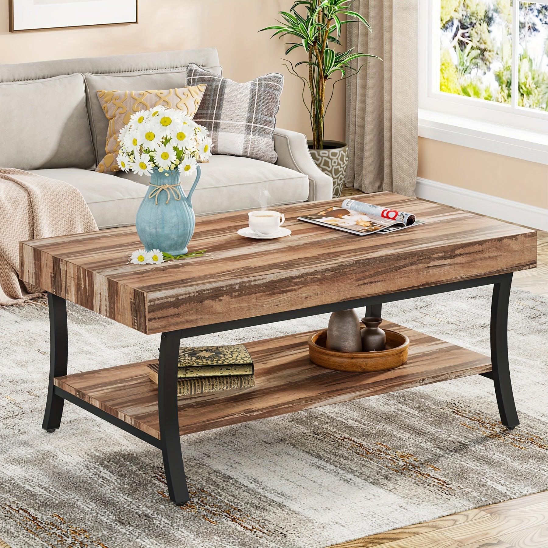 Charming Farmhouse Coffee Table With Storage, 2-Tier Rustic Industrial Design, Wooden Low Rectangle Table Ideal For Cocktails Or Tea, Perfect Centerpiece For Your Living Room