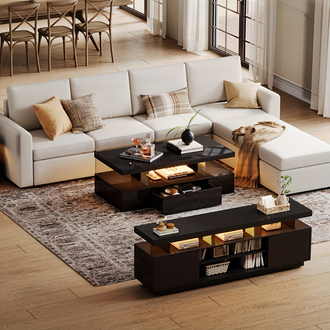 Modern LED Coffee Table With Adjustable Lighting - High-Gloss, Durable Wooden Centerpiece For Living Room & Bedroom, Easy Assembly, Space-Saving Design With Open Storage And Sliding Drawer Coffee Table For Living Room