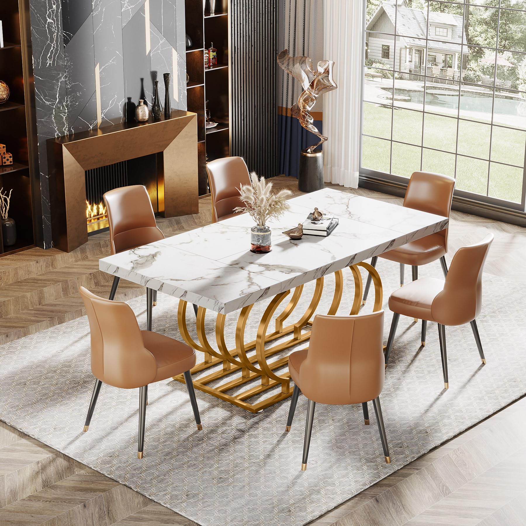 Modern Dining Table, 160cm Faux Marble Wood Kitchen Table for 6 People, Rectangular Dinner Room Table with Geometric Frame for Kitchen, Dining Room, White Gold