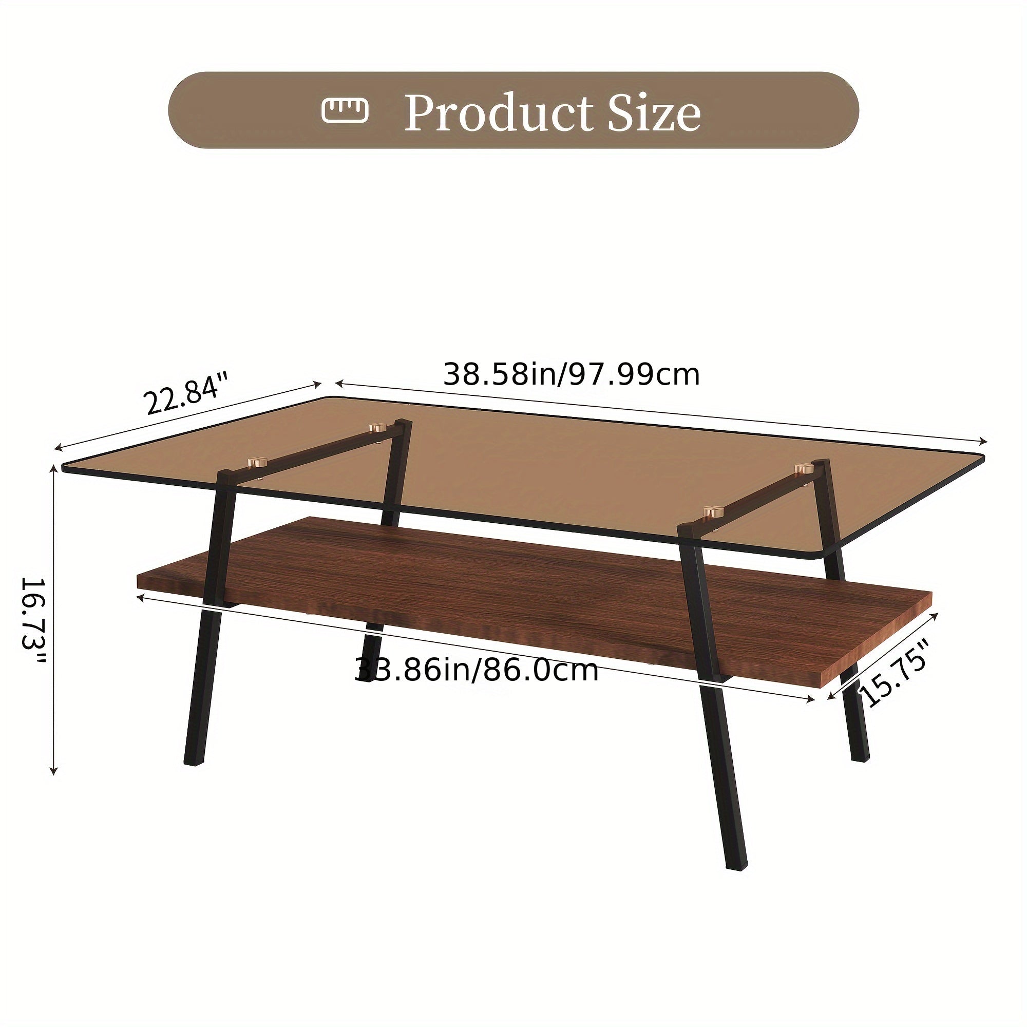 Modern Glass Coffee Table, Rectangle Tempered Glass Table For Living Room, 2-Tier Center Table With Metal Frame, Stylish Design Versatile