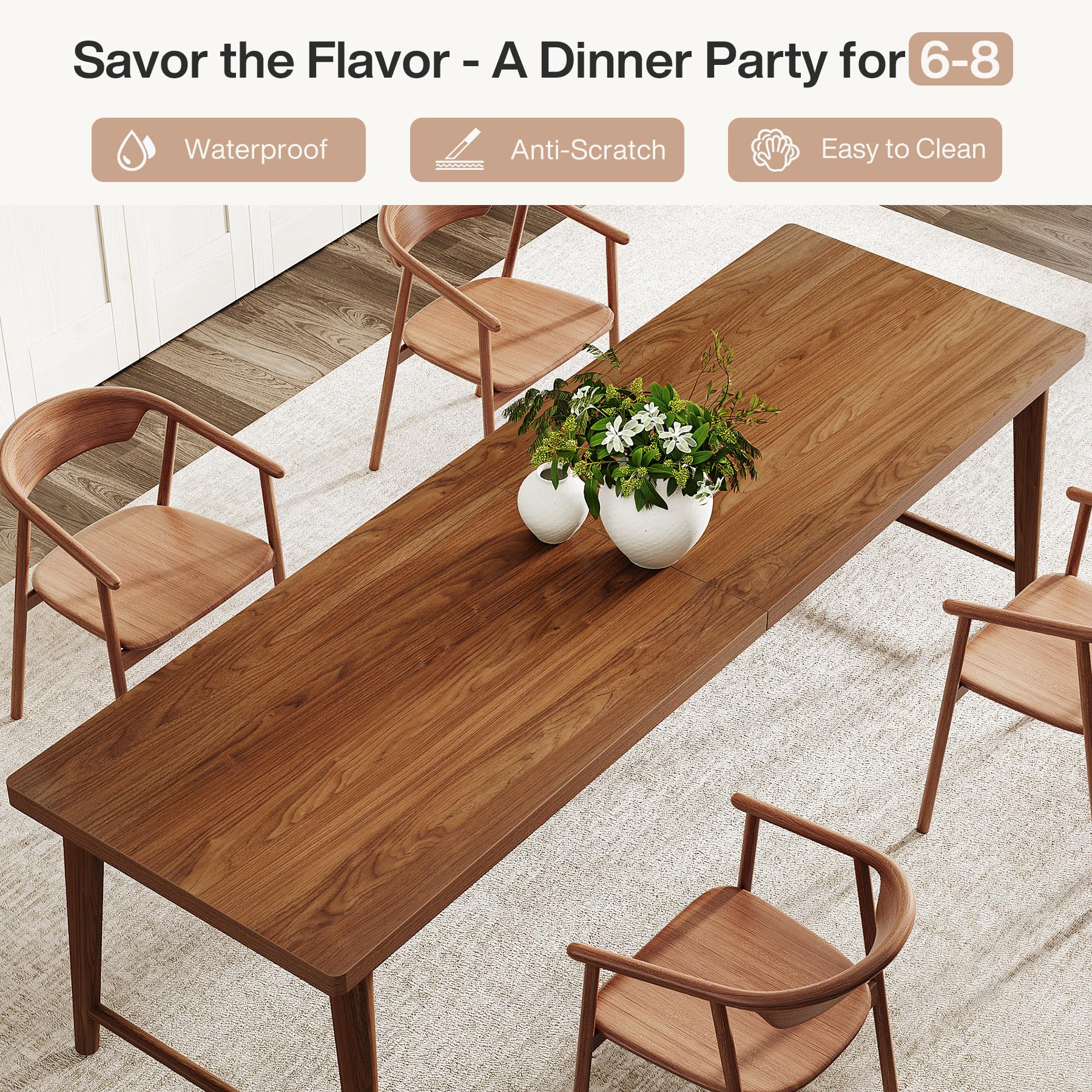 200cm-Dining Table, Mid-Century Modern Kitchen Dining Room Table for 6-8 People, Wood Kitchen Table Dinner Table with Heavy Duty Metal Legs for Dining Room, Rich Walnut