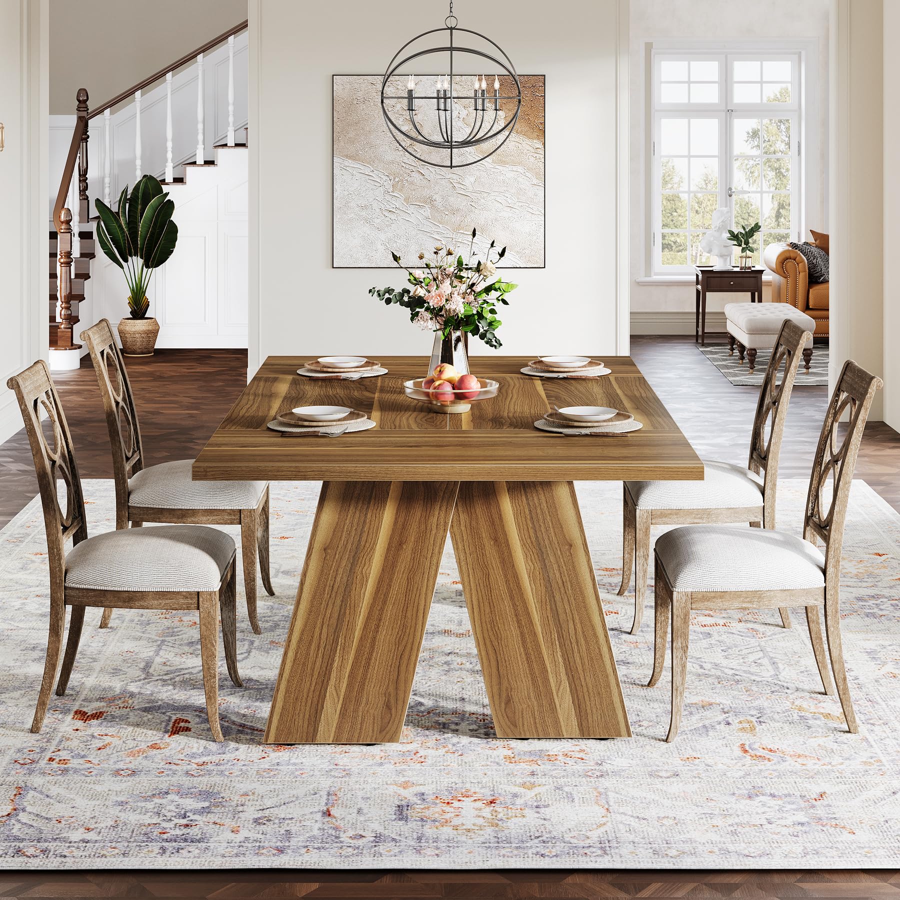 180cm Large Dining Table for 6 People, Farmhouse Dinner Table, Rectangular Dining Table with Solid Wood Legs for Kitchen, Dining Room, Living Room (Chairs Not Included)