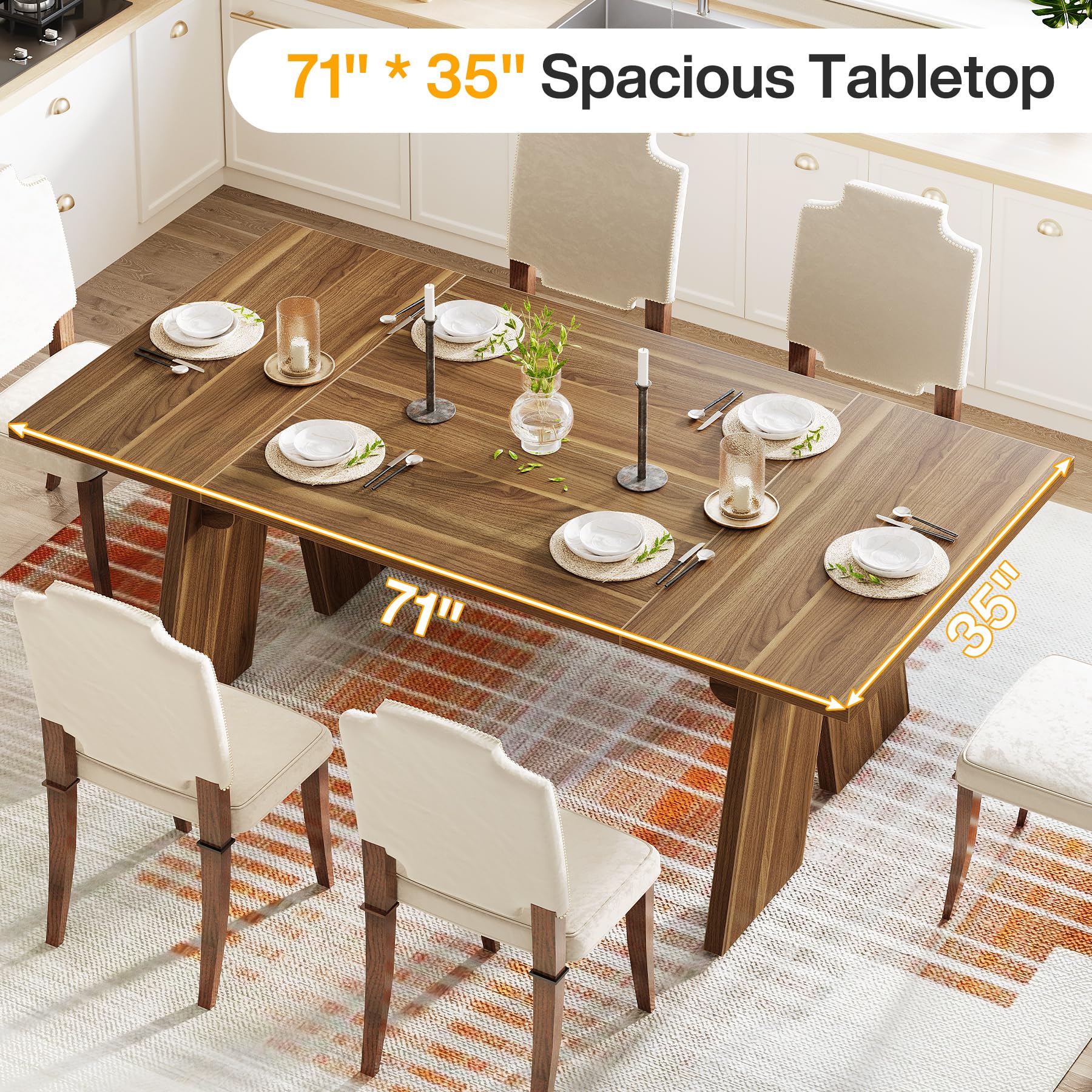 180cm Large Dining Table for 6 People, Farmhouse Dinner Table, Rectangular Dining Table with Solid Wood Legs for Kitchen, Dining Room, Living Room (Chairs Not Included)