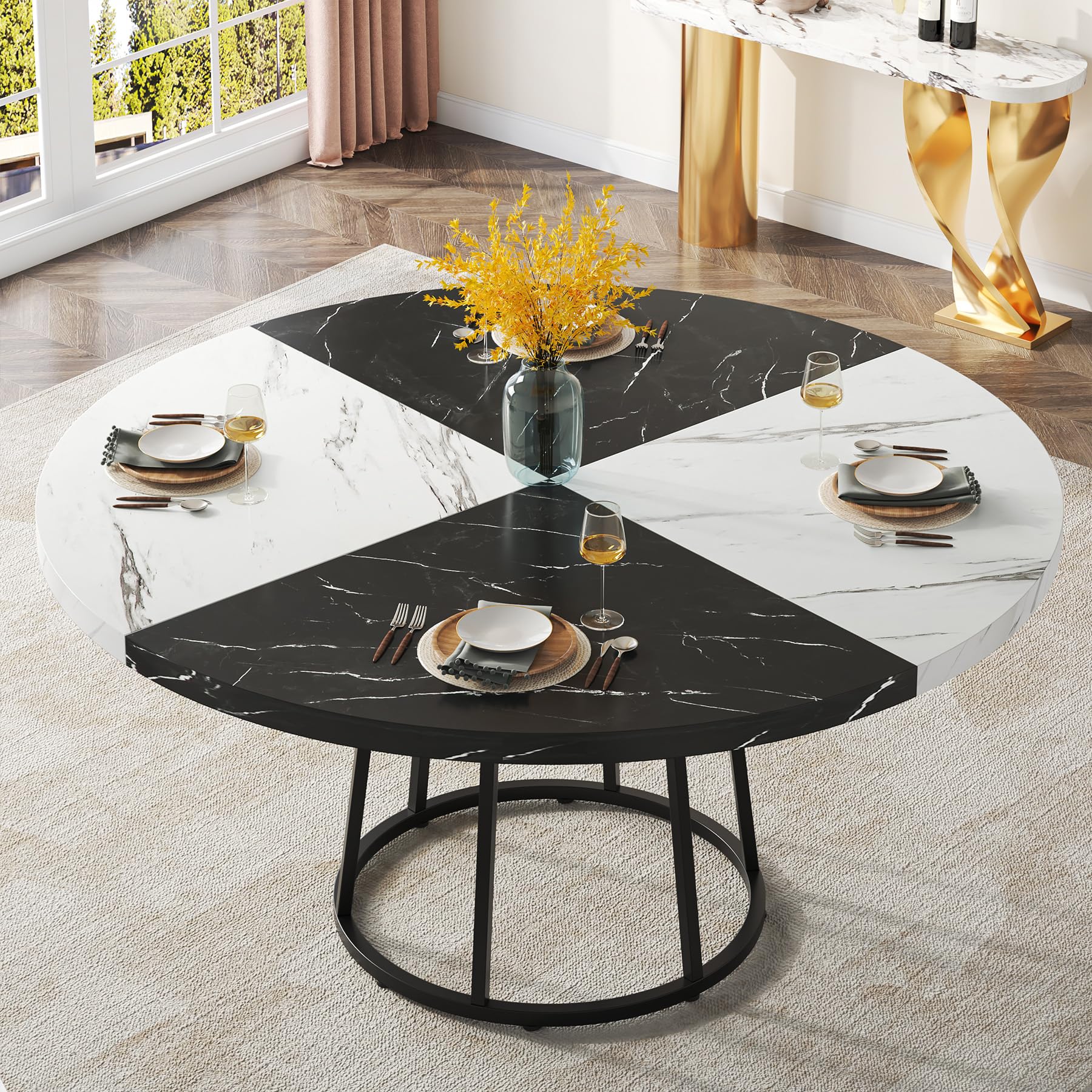 120cm Dining Table for Dining Room, 4 People Round Dinner Tables with Faux Marble Top Heavy Duty Metal Circle Pedestal for Living Room Kitchen, Black White(Only Table)