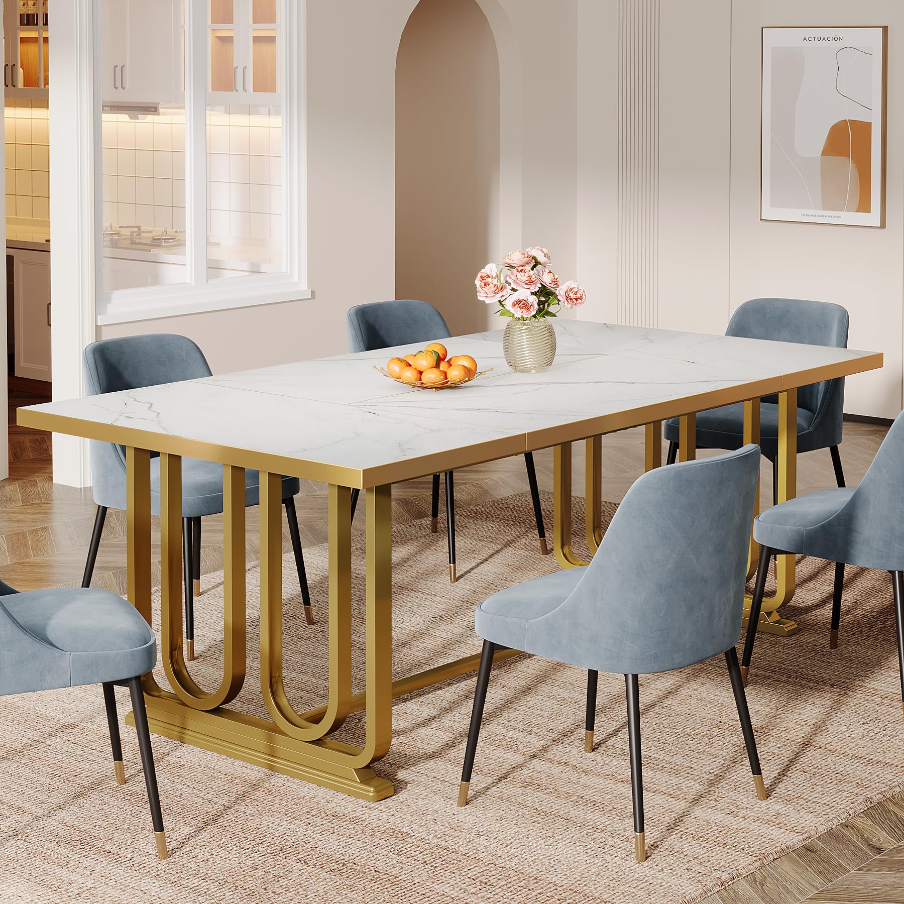 Modern Dining Table for 6-8, 180cm Rectangle Kitchen Table, Wood Dining Room Table with Faux Marble Tabletop and Golden Metal Legs, Large White Dinner Table for Dining Room (Table Only)