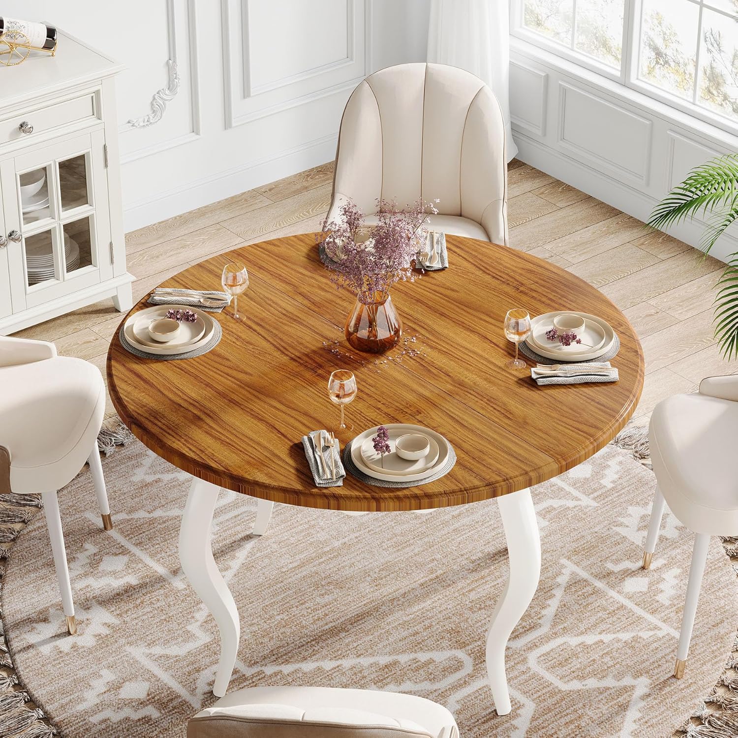 Round Dining Table for 4, 119cm Farmhouse Kitchen Dinner Table, Wood Circle Dining Room Table with Solid Wood Legs for Kitchen, Living Room, Brown and White (Only Table)