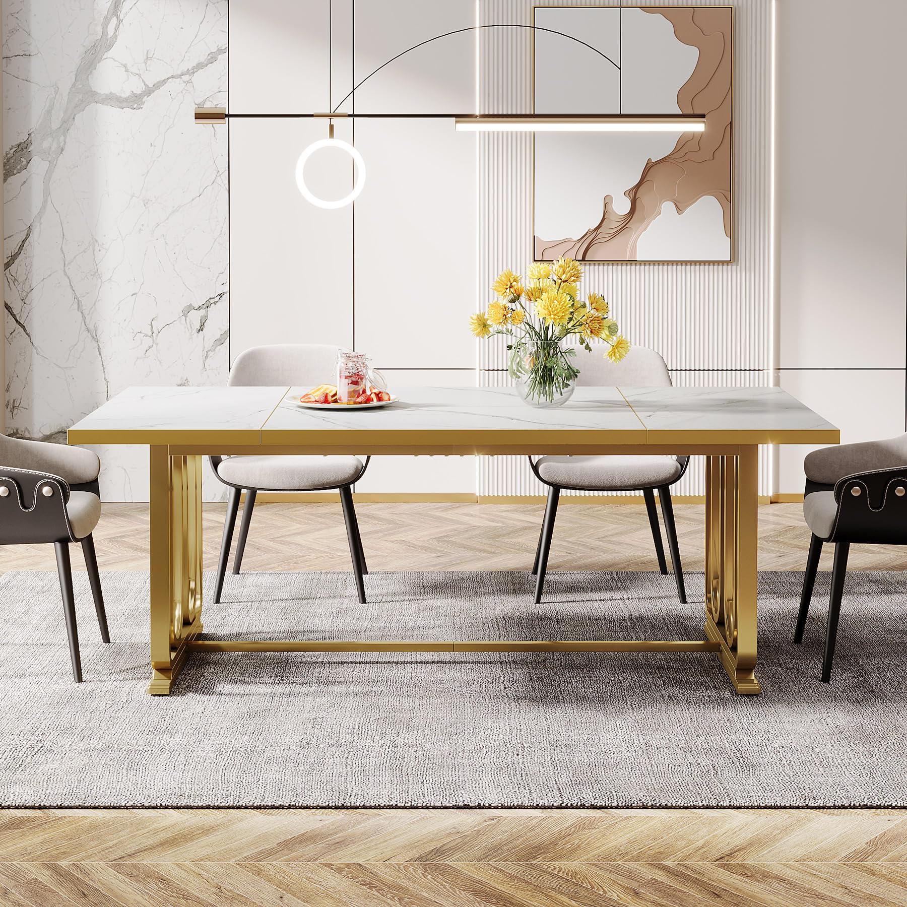 Modern Dining Table for 6-8, 180cm Rectangle Kitchen Table, Wood Dining Room Table with Faux Marble Tabletop and Golden Metal Legs, Large White Dinner Table for Dining Room (Table Only)