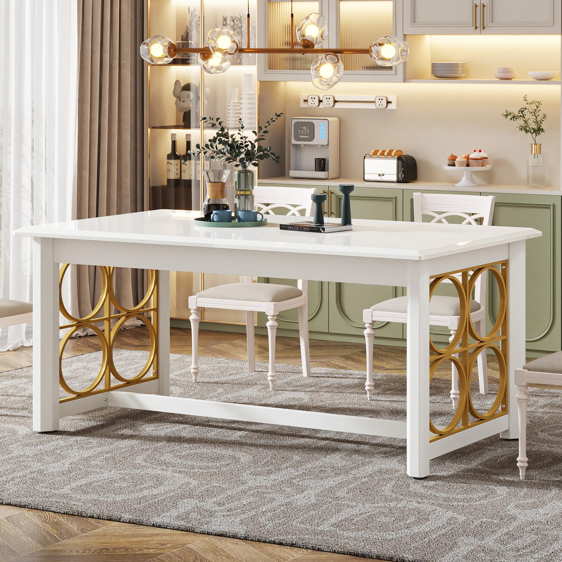 160cm Dining Table for 4-6 People, Modern Kitchen Table with Gold Metal & Glossy Surface, Rectangular Dinner Table for Kitchen, Dining Room, Living Room, White & Gold