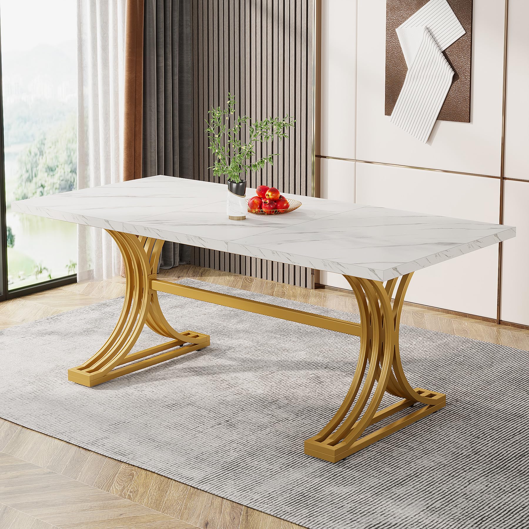 Modern Dining Table with Heavy-Duty Trestle Leg, 180cm Rectangular Kitchen Table for 4, Dinner Table with Faux Marble Table Top, White and Gold （Chair Not Included）