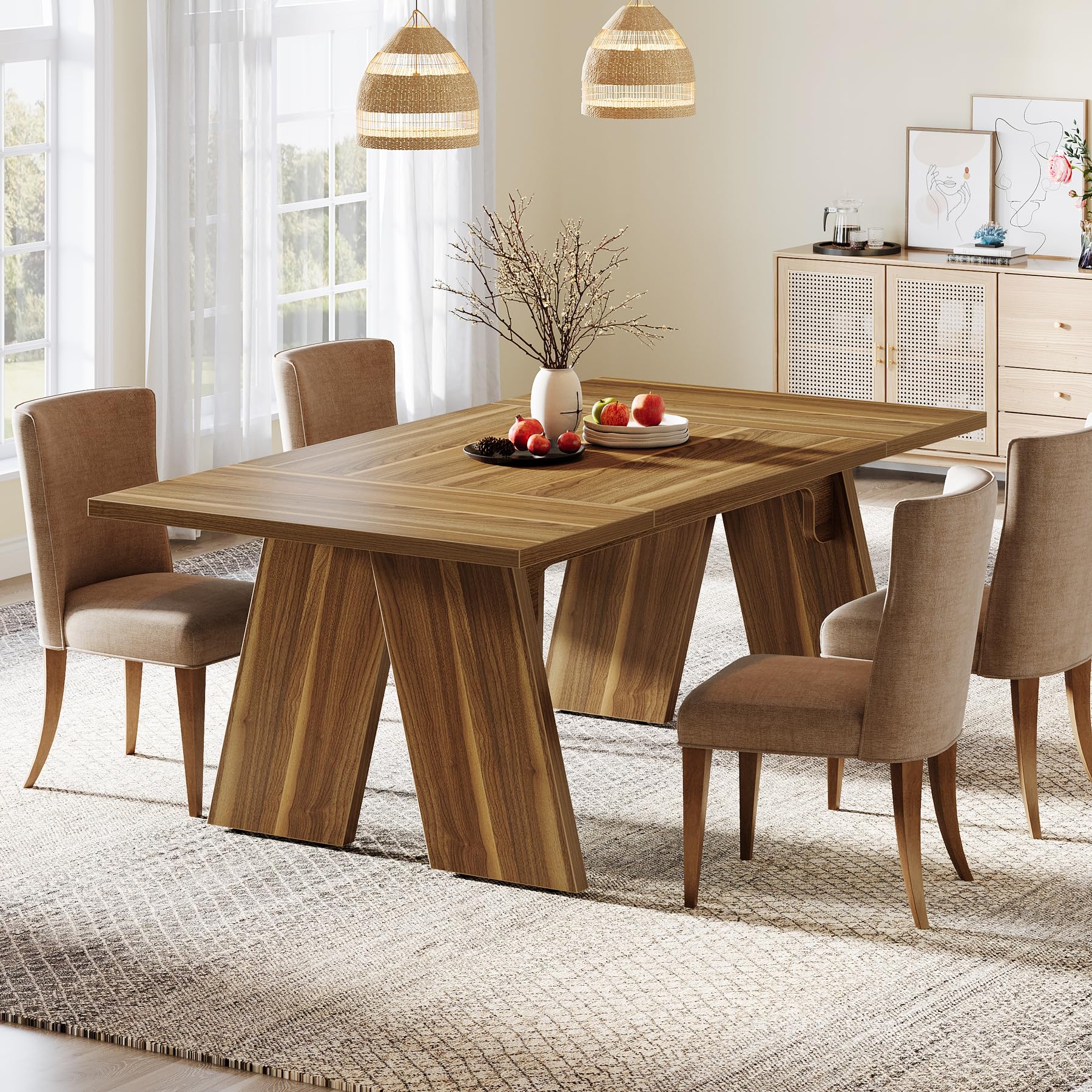 180cm Large Dining Table for 6 People, Farmhouse Dinner Table, Rectangular Dining Table with Solid Wood Legs for Kitchen, Dining Room, Living Room (Chairs Not Included)