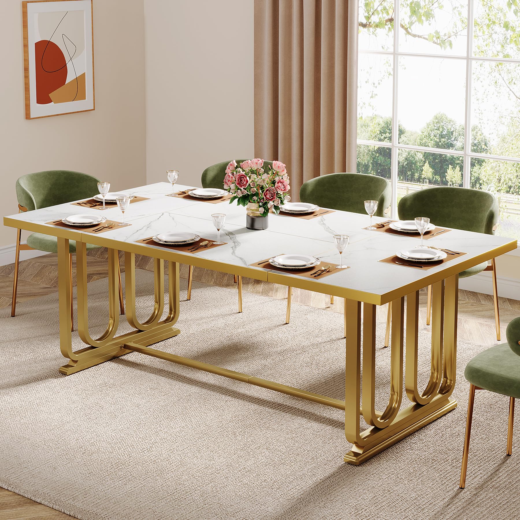 Modern Dining Table for 6-8, 180cm Rectangle Kitchen Table, Wood Dining Room Table with Faux Marble Tabletop and Golden Metal Legs, Large White Dinner Table for Dining Room (Table Only)