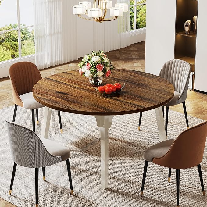 Round Dining Table for 4-6 People, 119cm Farmhouse Dinning Room Table Circle Kitchen Table, Industrial Dinner Table with Solid Wood Legs for Kitchen, Living Room, White and Rustic Brown