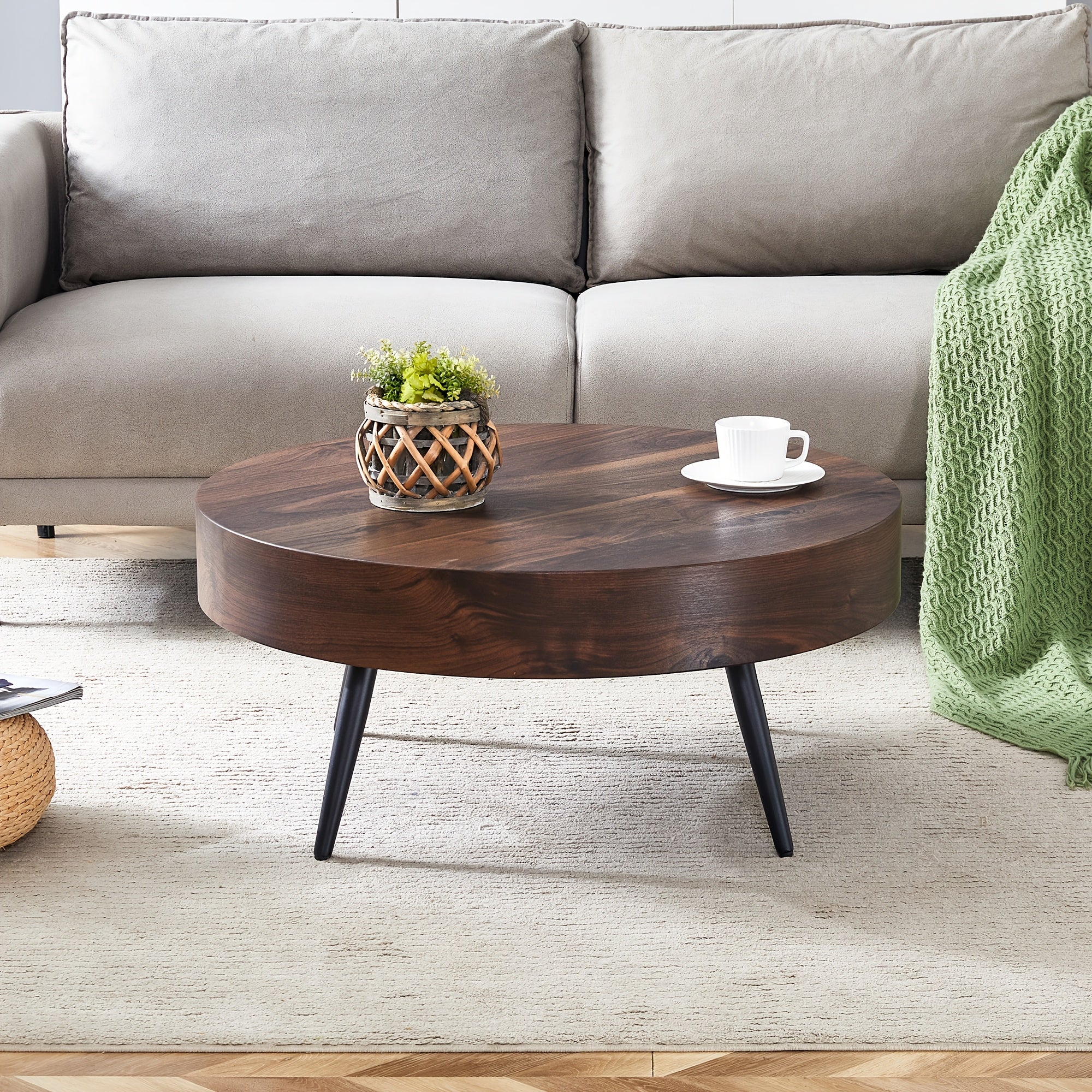 Wooden Coffee Table Modern Round Coffee Table Rustic Center Table with Metal Leg for Living Room Reception Room Office (Brown, Round)